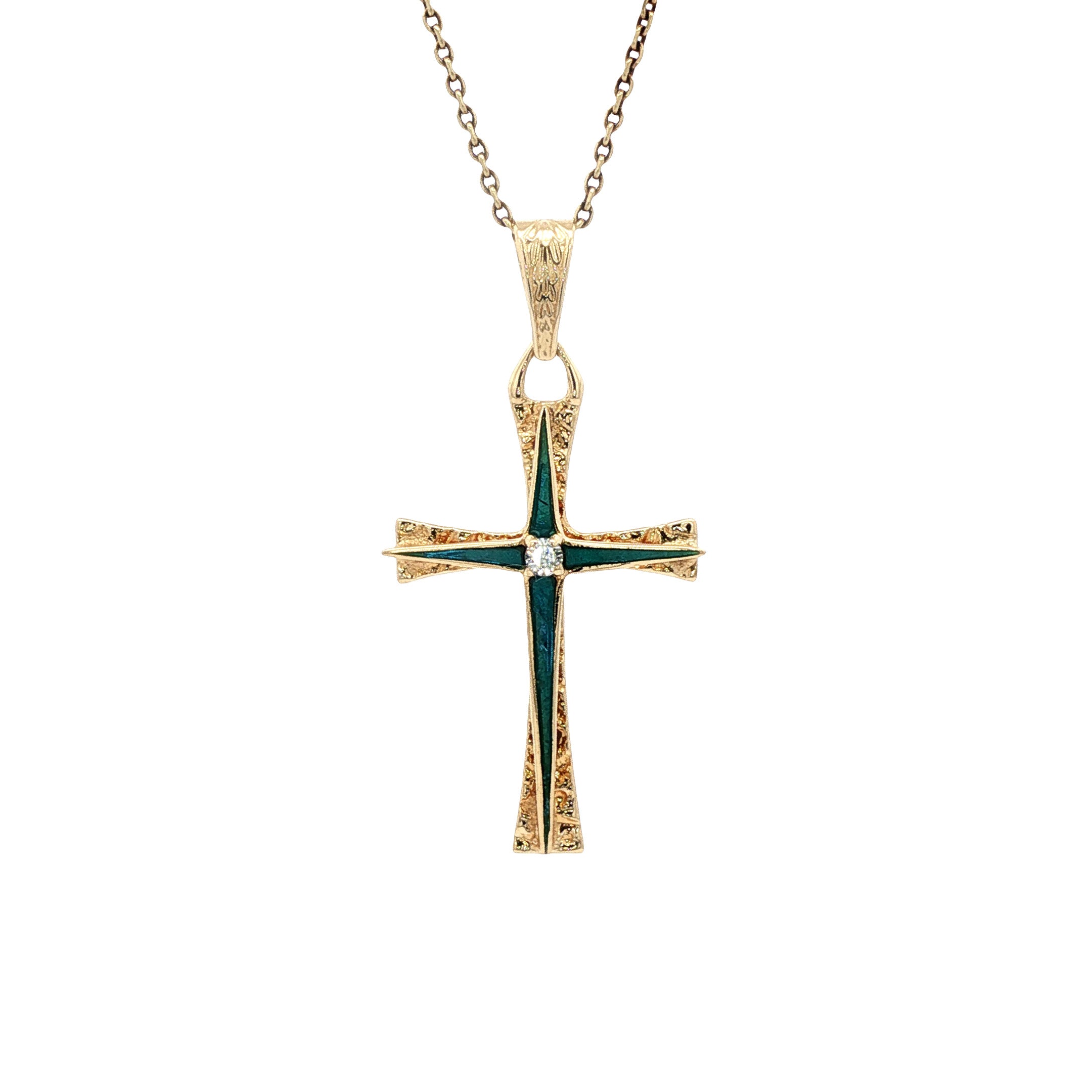 Vintage 14 kt gold cross pendant with enamel and spinel
