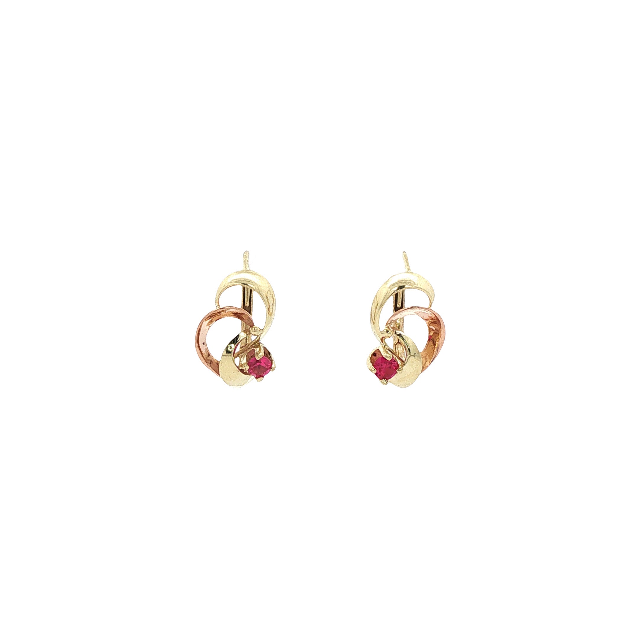 Bicolour gouden vintage oorhangers met robijn 14 kt
