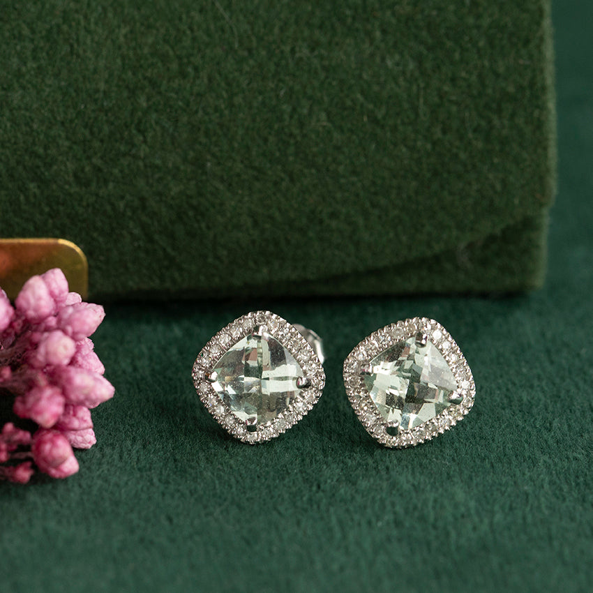 Vintage 14 kt white gold stud earrings with prasiolite and diamond.