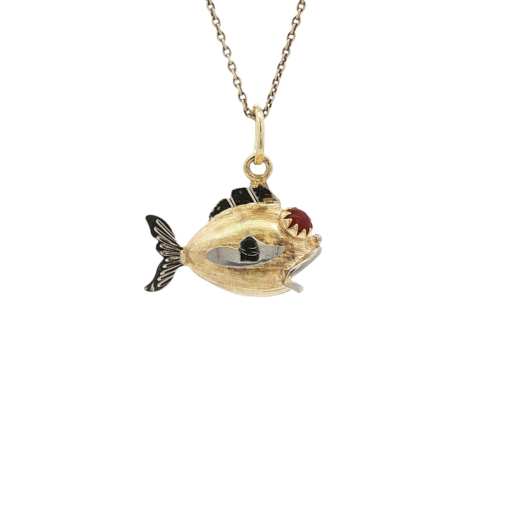 Gouden vintage vis hanger met kleursteen 14 kt