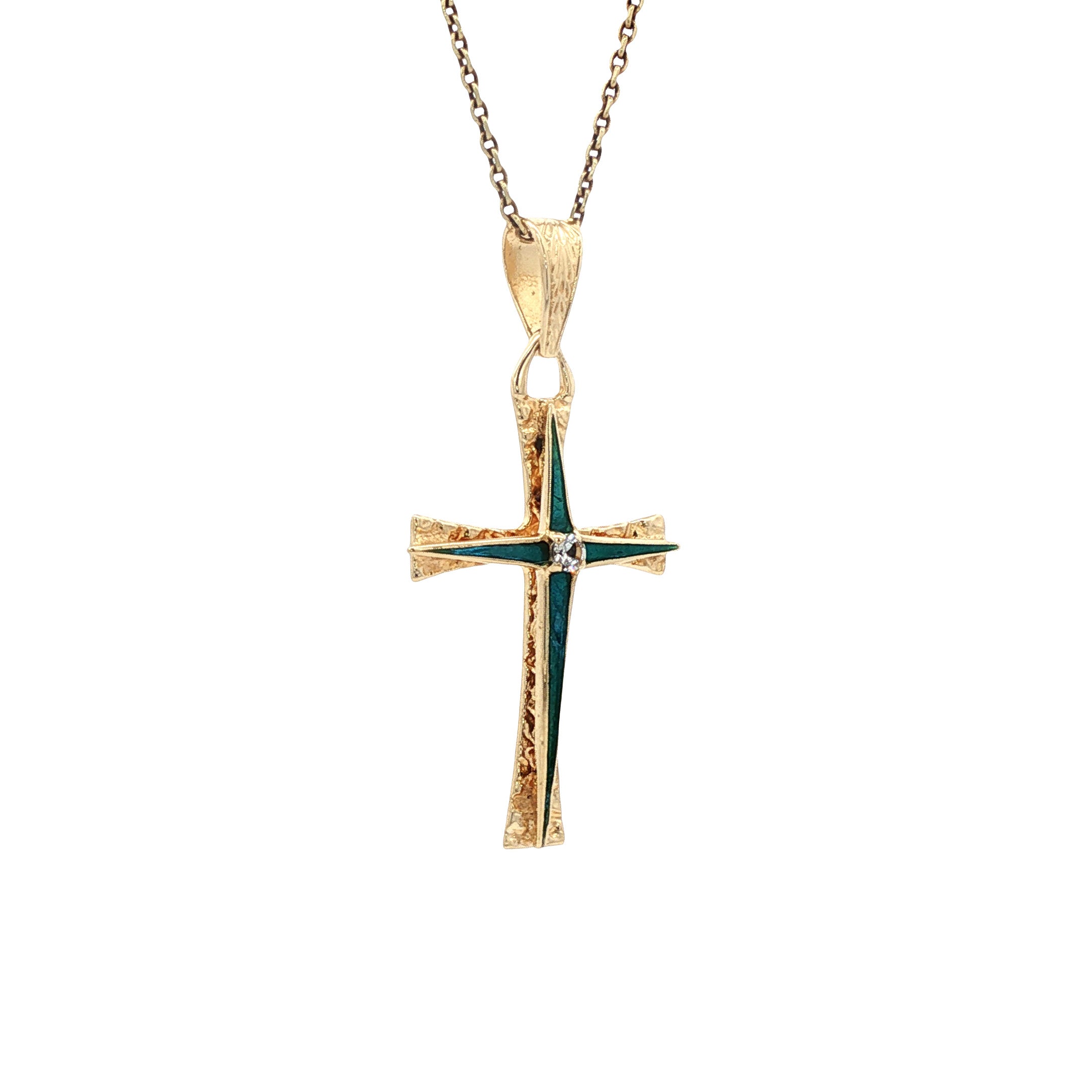Vintage 14 kt gold cross pendant with enamel and spinel