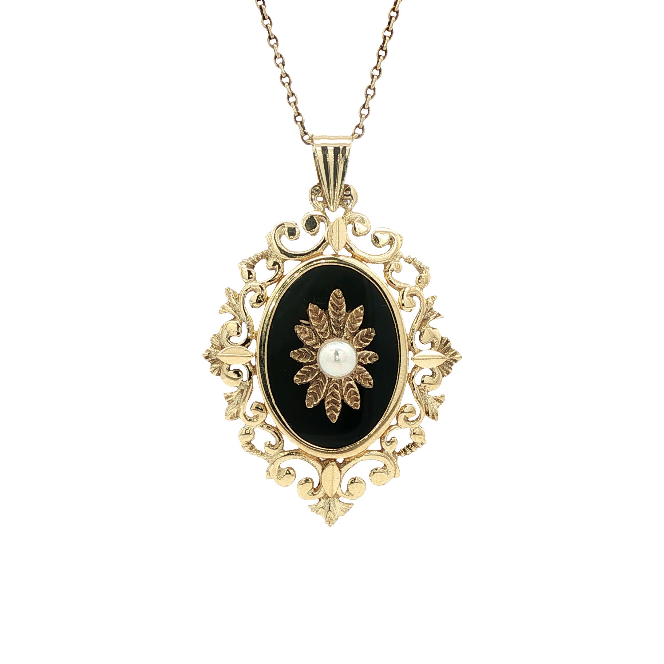 Gouden vintage hanger met onyx en parel 14 kt