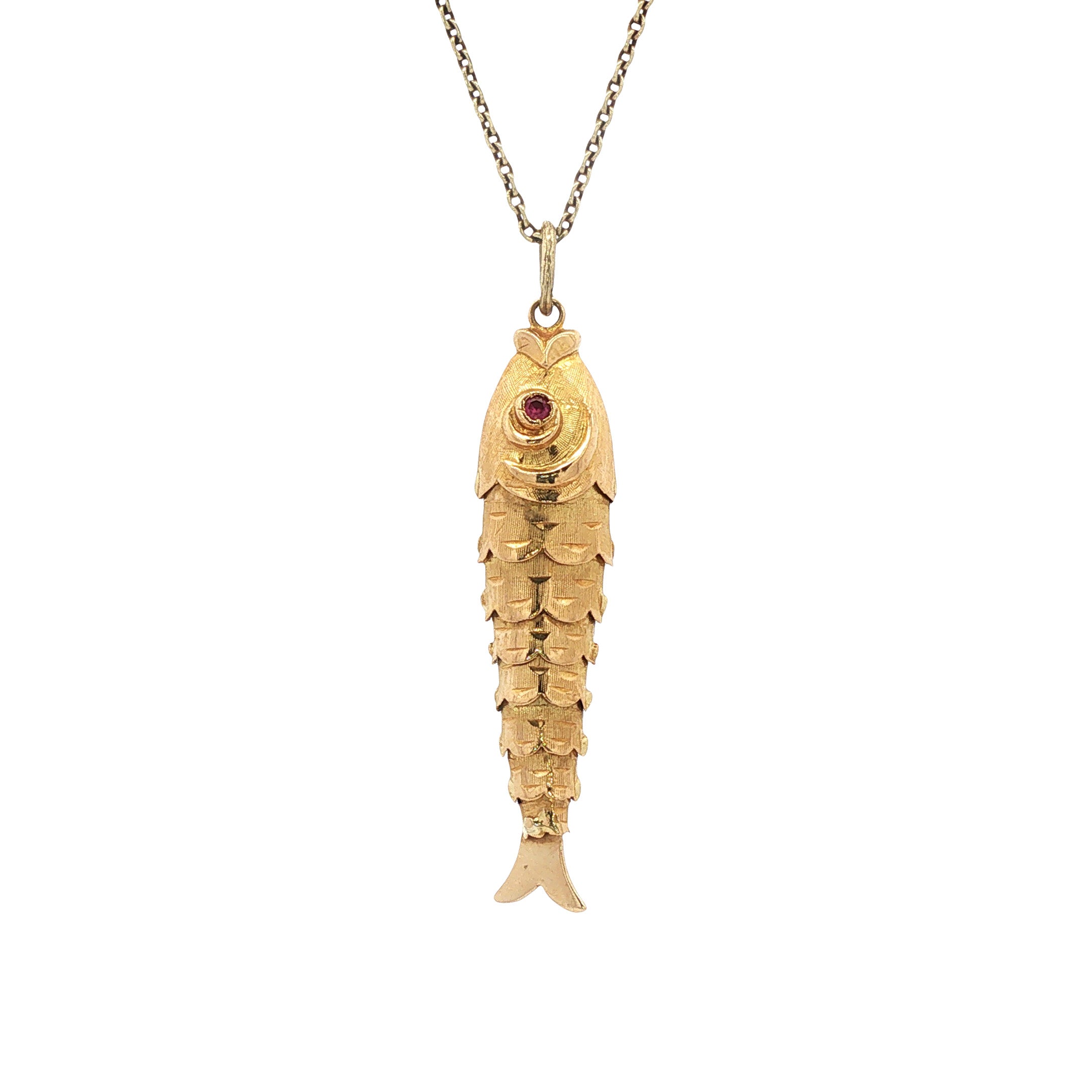 Vintage gold fish pendant with ruby, 14 kt