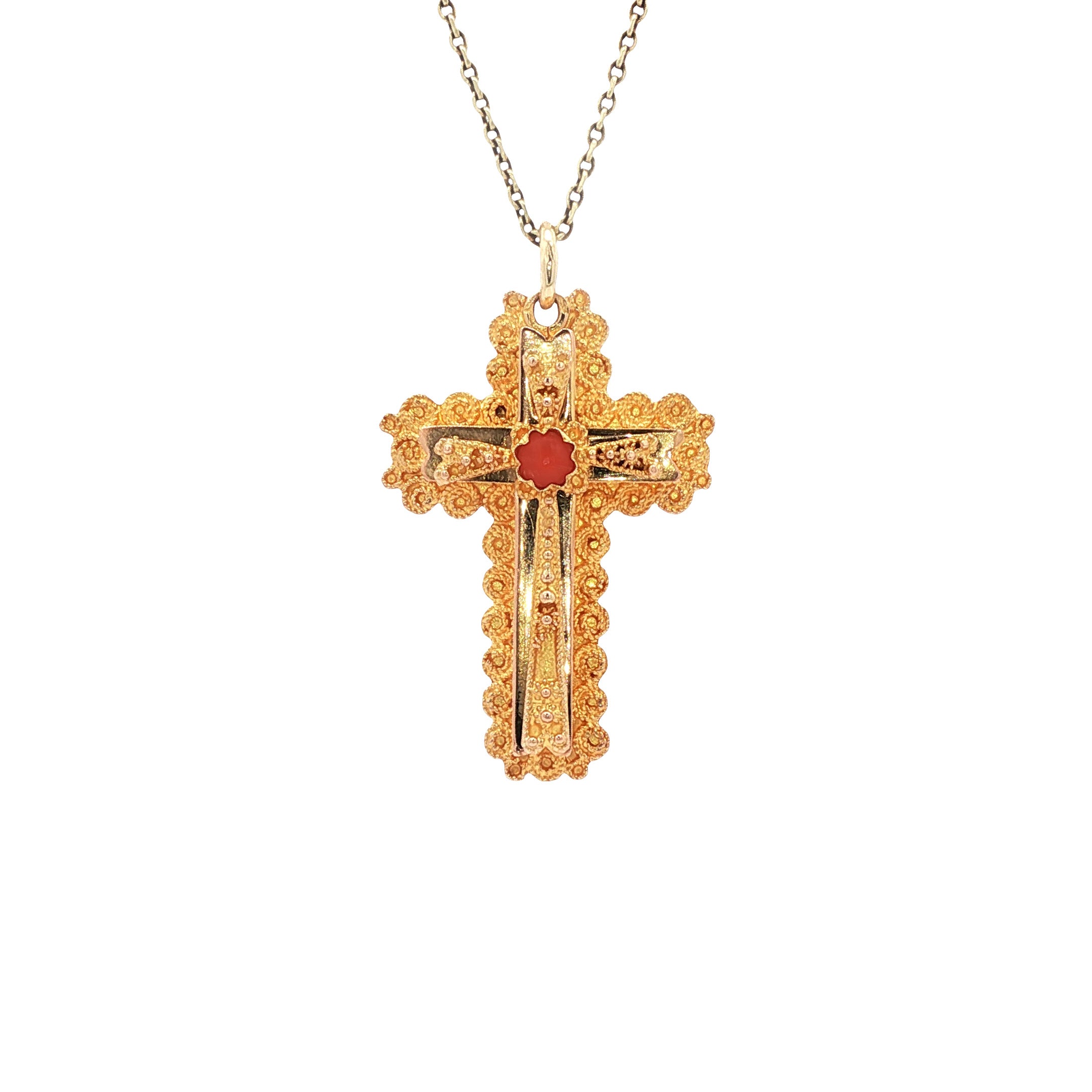 Gouden vintage kruis hanger met bloedkoraal 14 kt