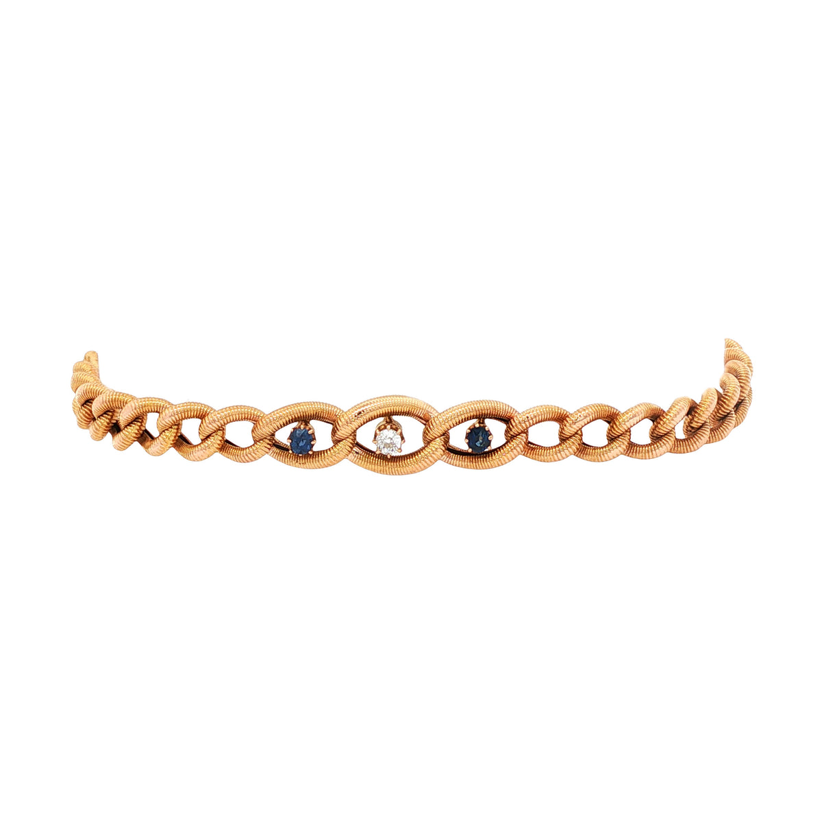 Vintage rose gold curb-link bracelet with sapphire and diamond, 14 kt
