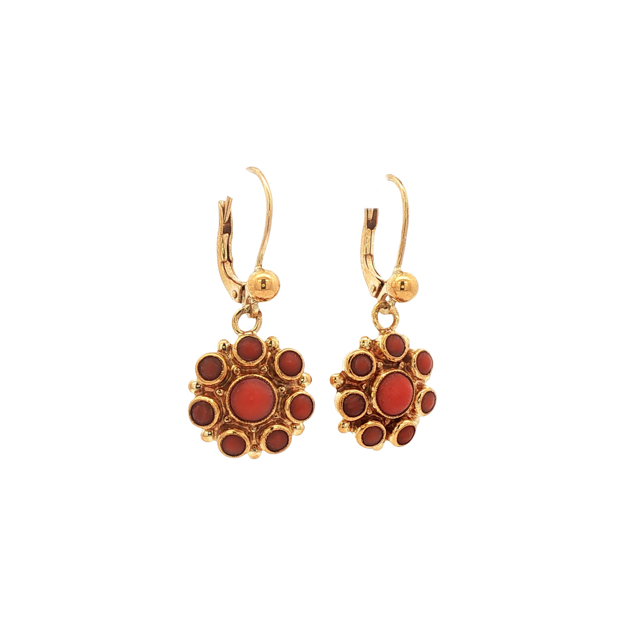 Gouden vintage oorhangers met bloedkoraal 14 kt