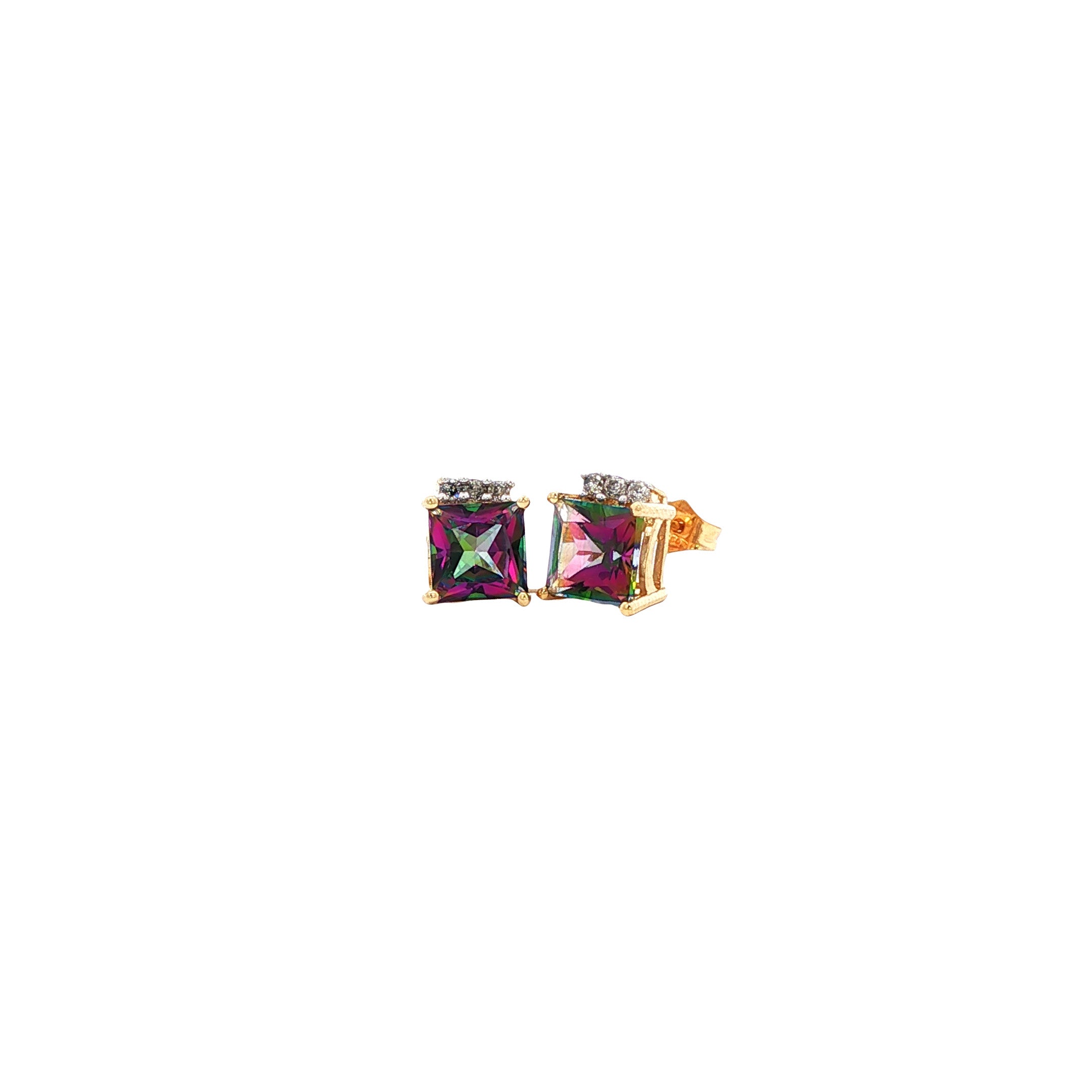 Vintage gold stud earrings with mystic topaz and diamond, 14 kt