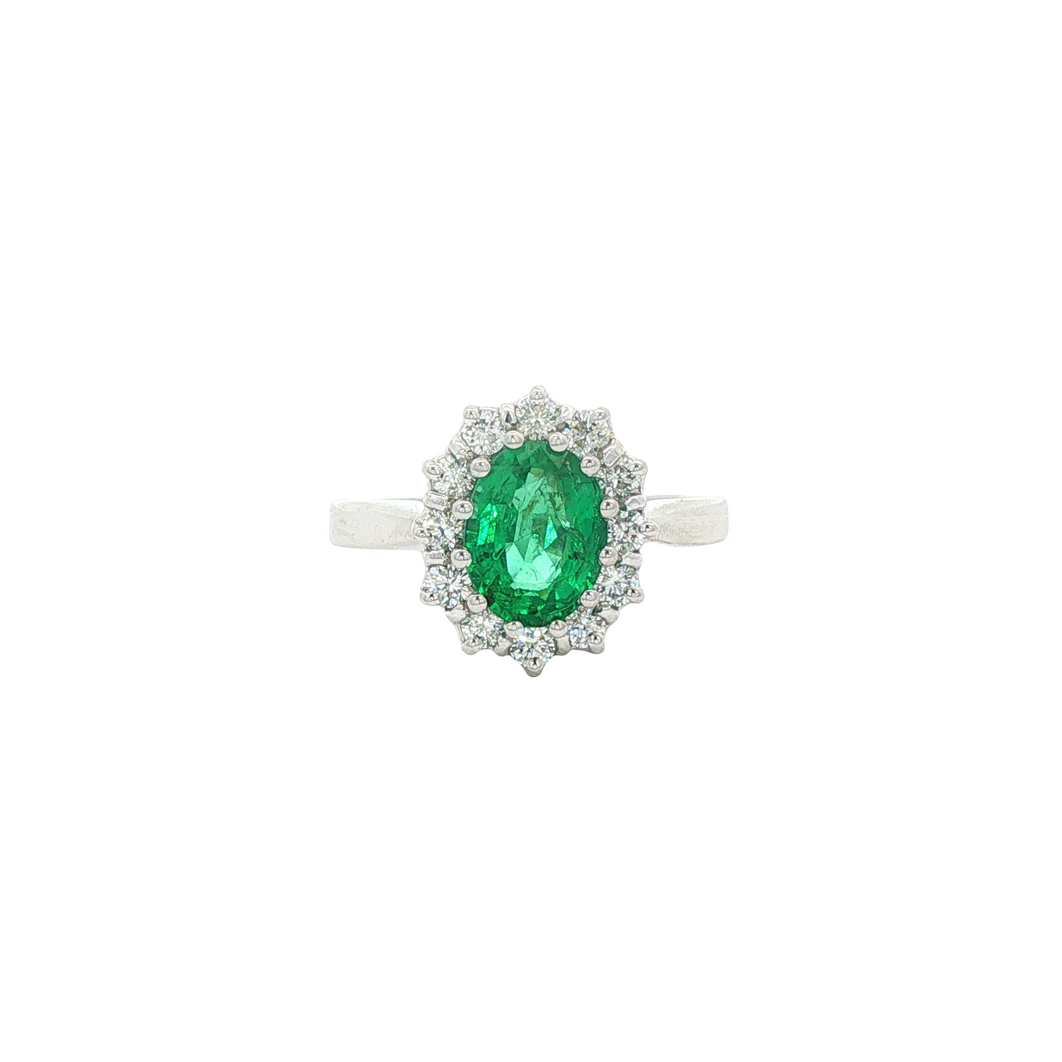 Witgouden vintage ring met smaragd en diamant 14 kt