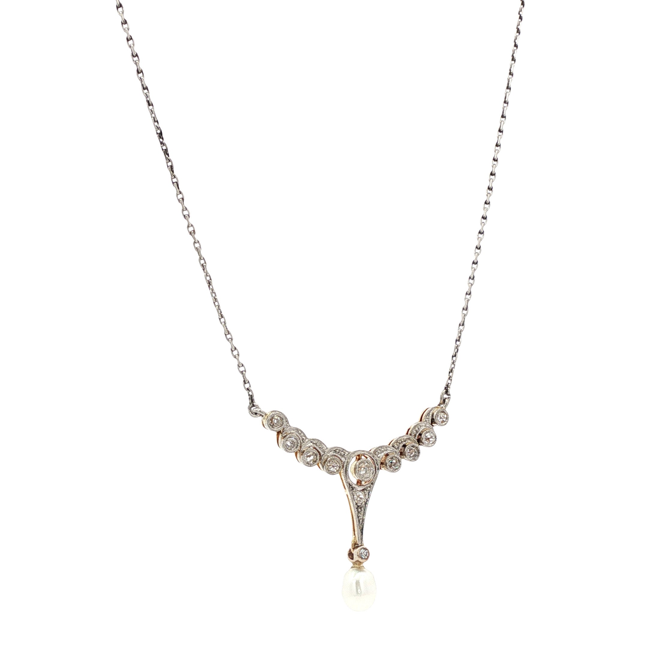Vintage platinum necklace with diamond and pearl, 14 kt/950