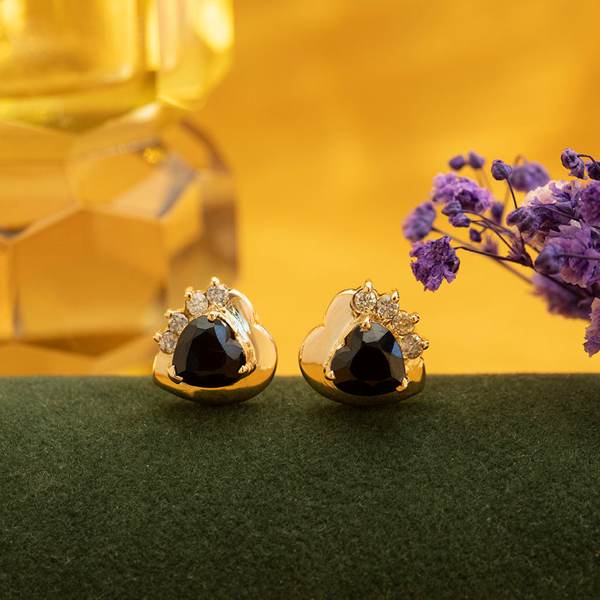 14 kt gold heart stud earrings with sapphire and diamond