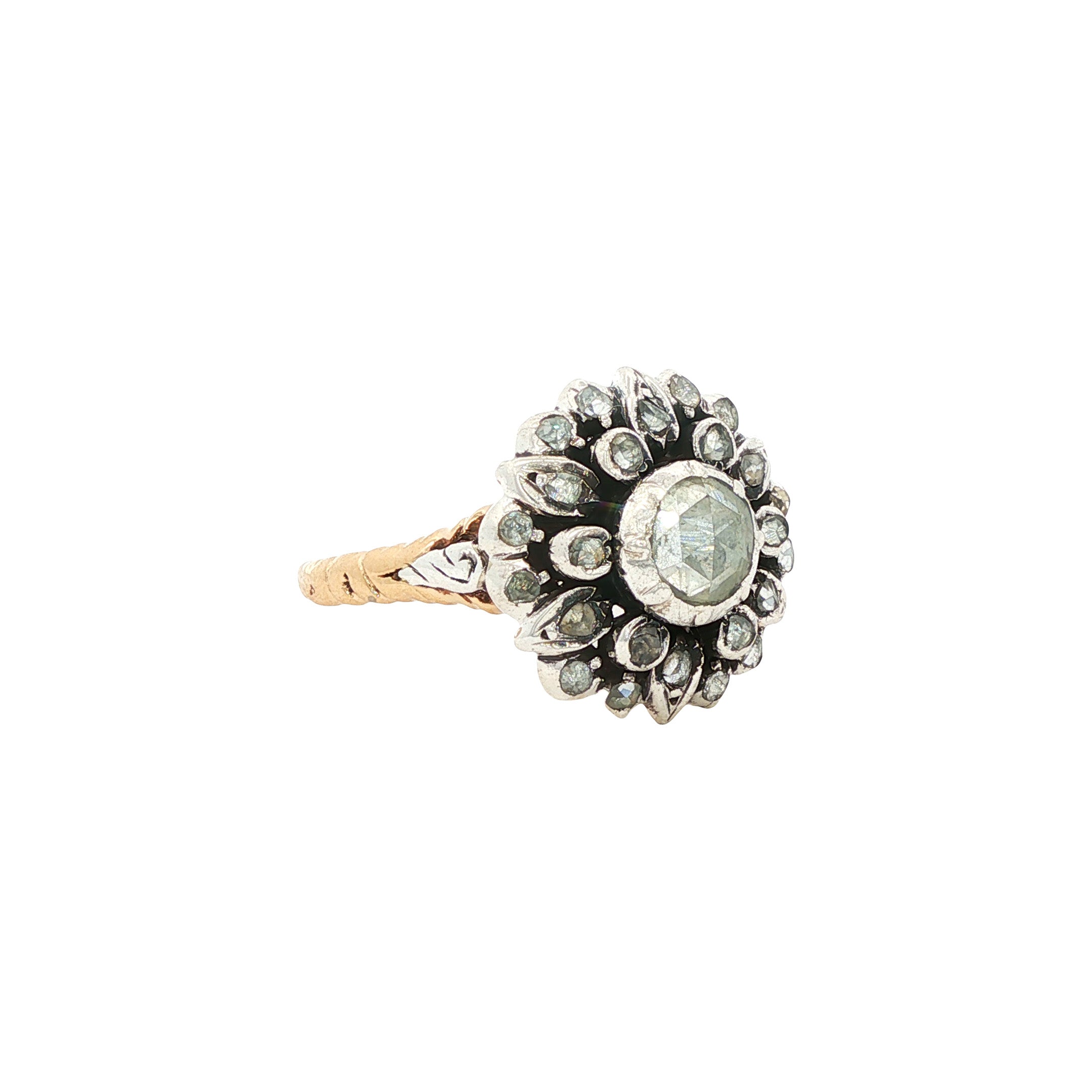 Vintage gold halo ring with rose-cut diamond, 14 kt gold on 925 silver