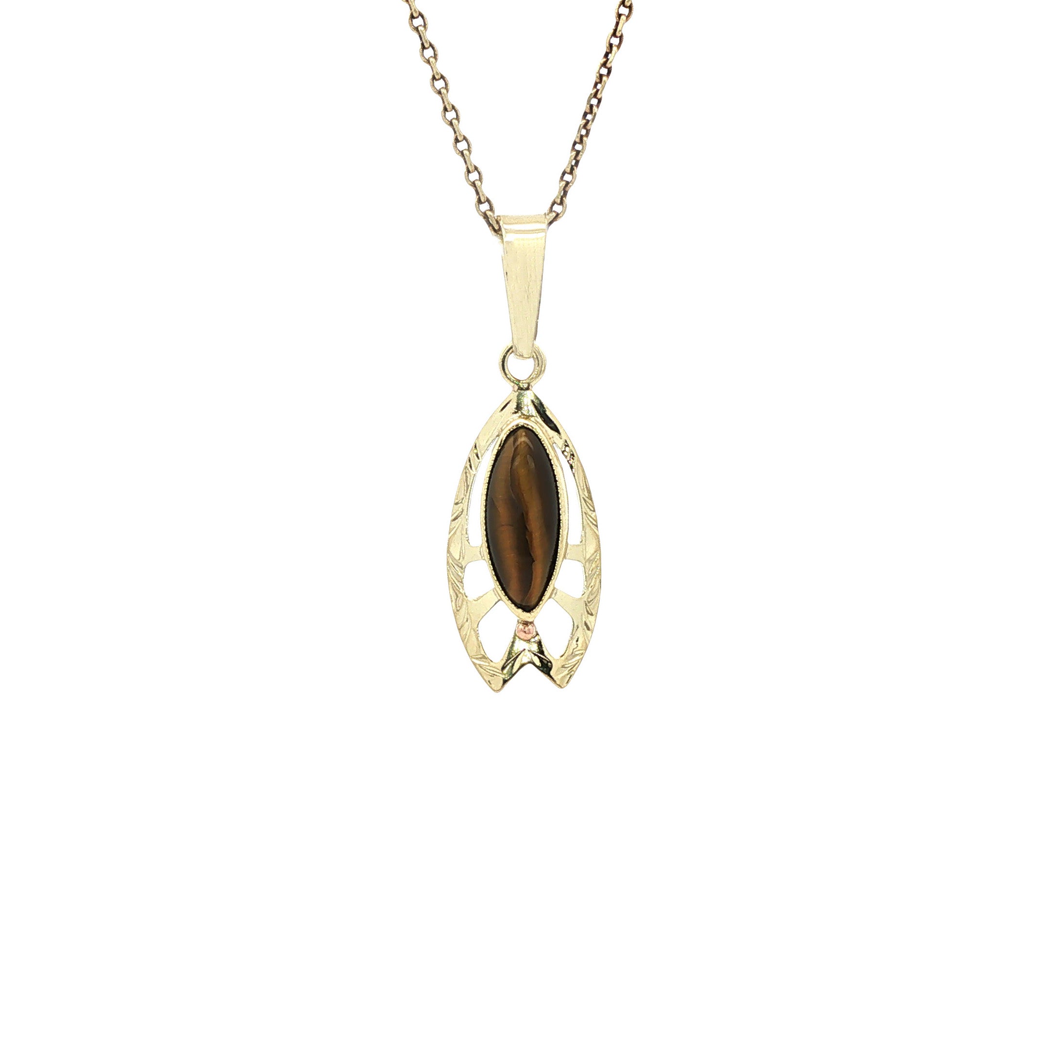 Gouden vintage hanger met tijgeroog 14 kt