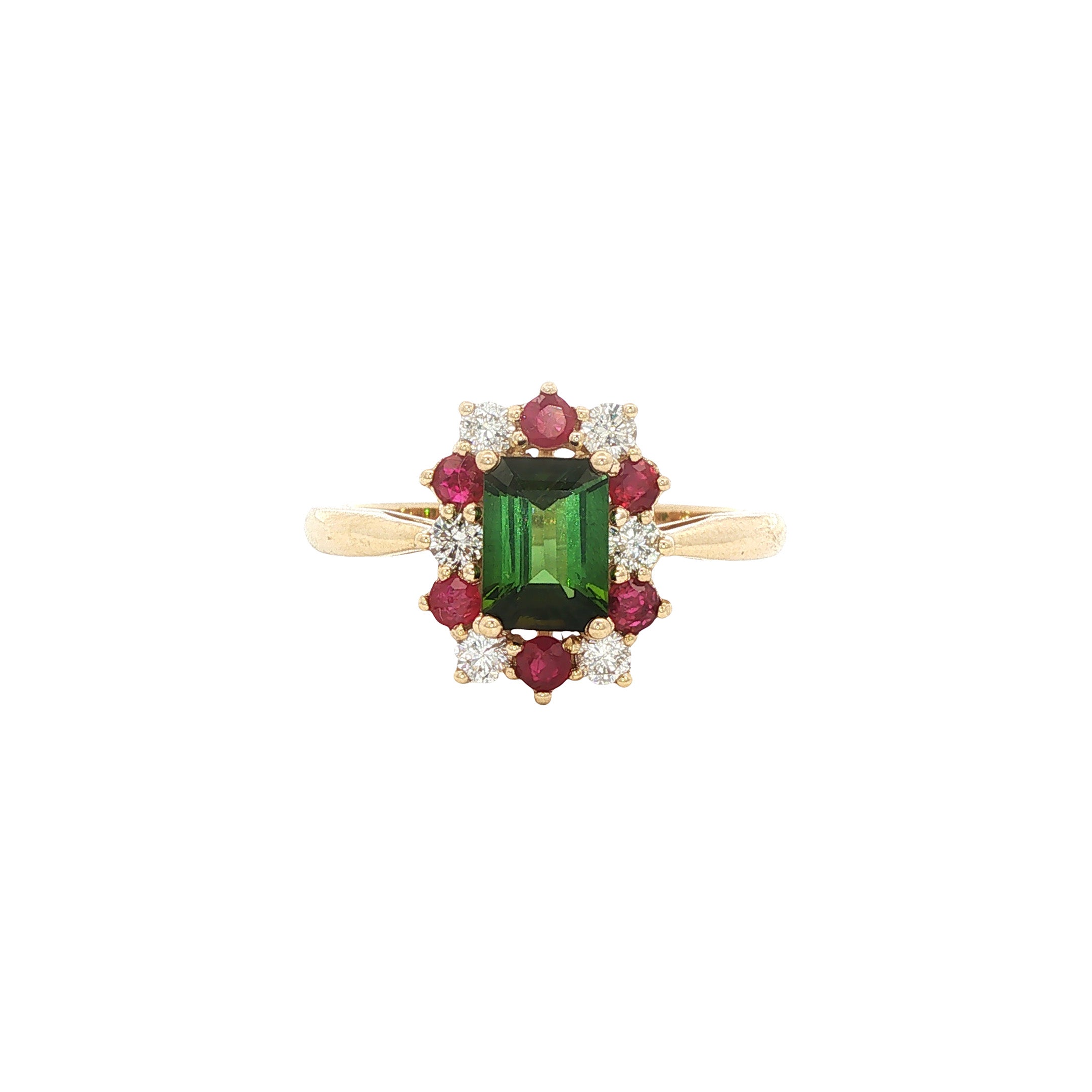 14 kt vintage gold ring with tourmaline, ruby and diamond