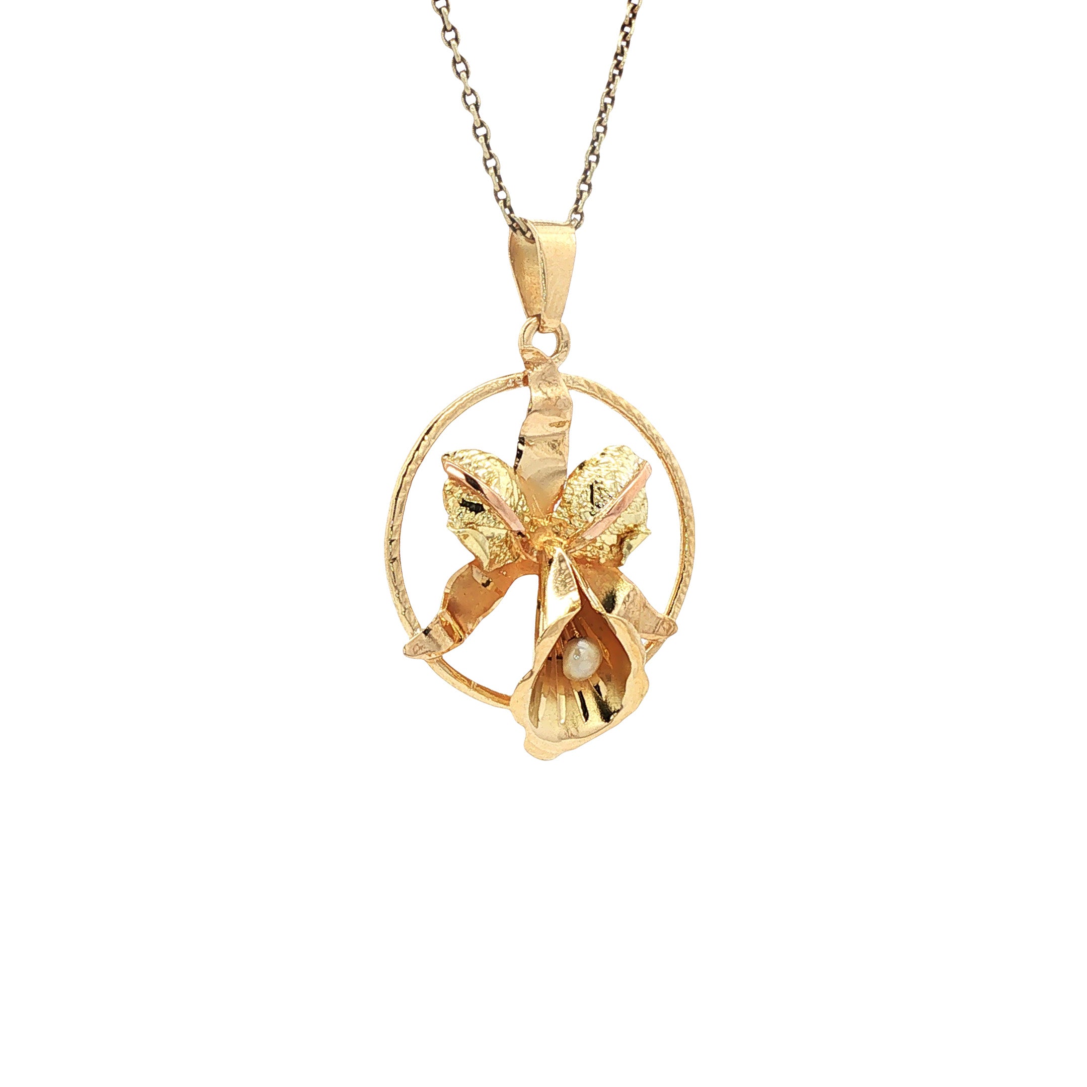 Gouden vintage bloem hanger met parel 18 kt