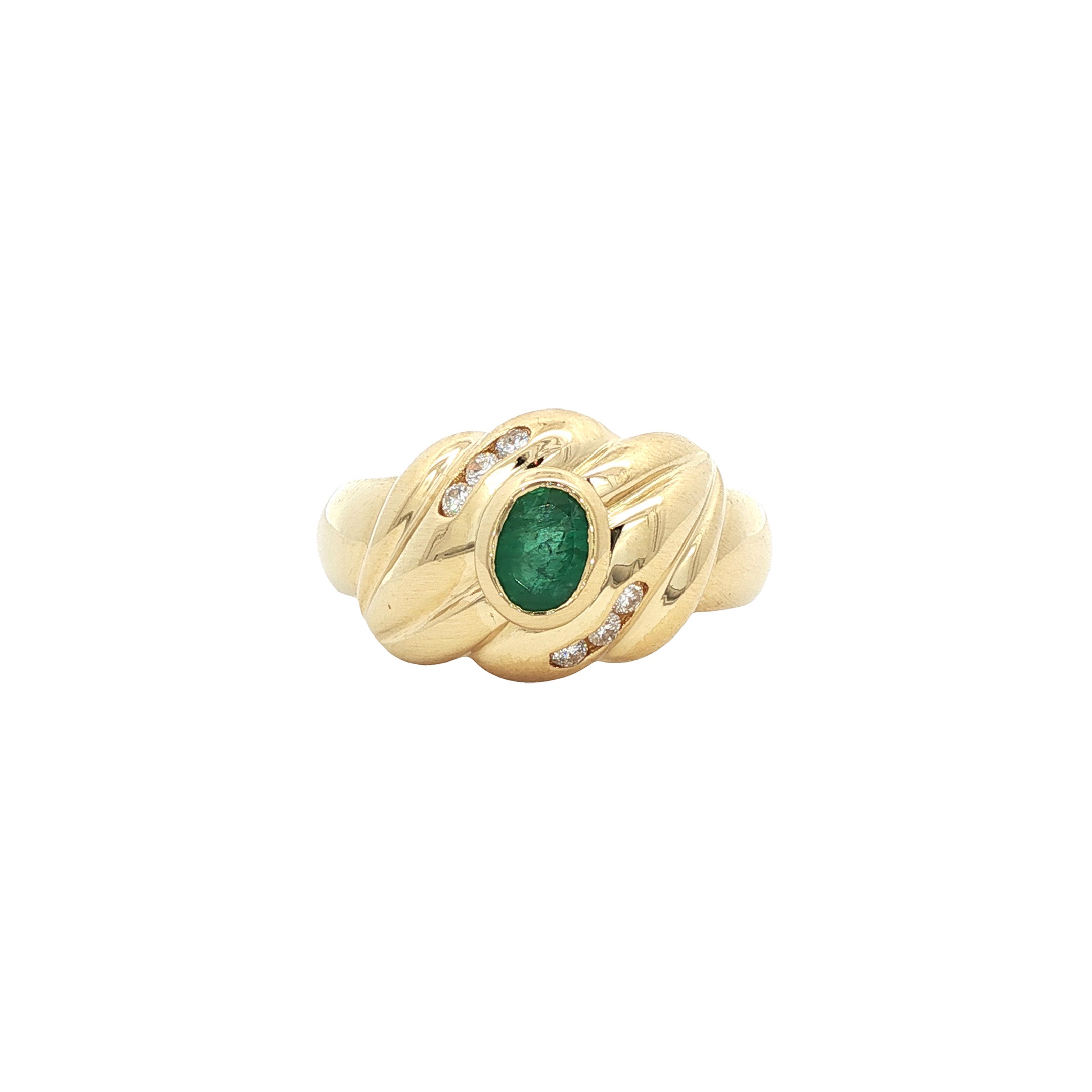 Vintage gold ring with emerald and moissanite, 18 kt