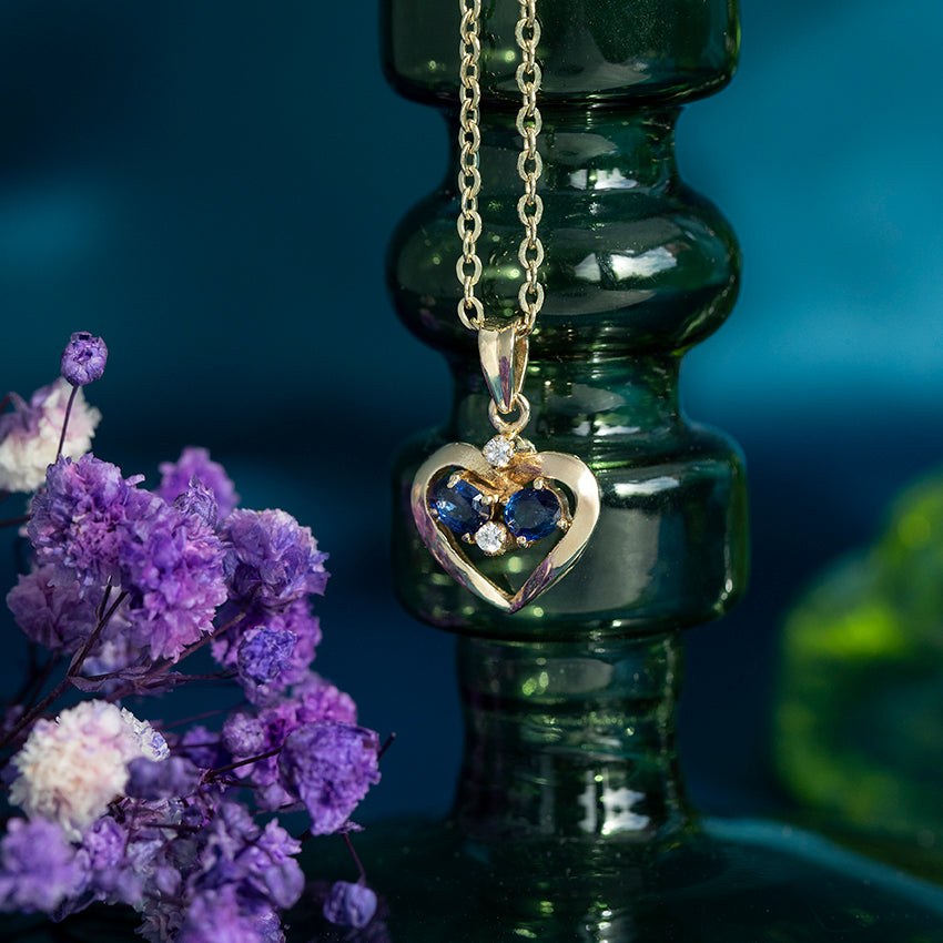 Gouden vintage hart hanger met saffier en zirkonia 14 kt