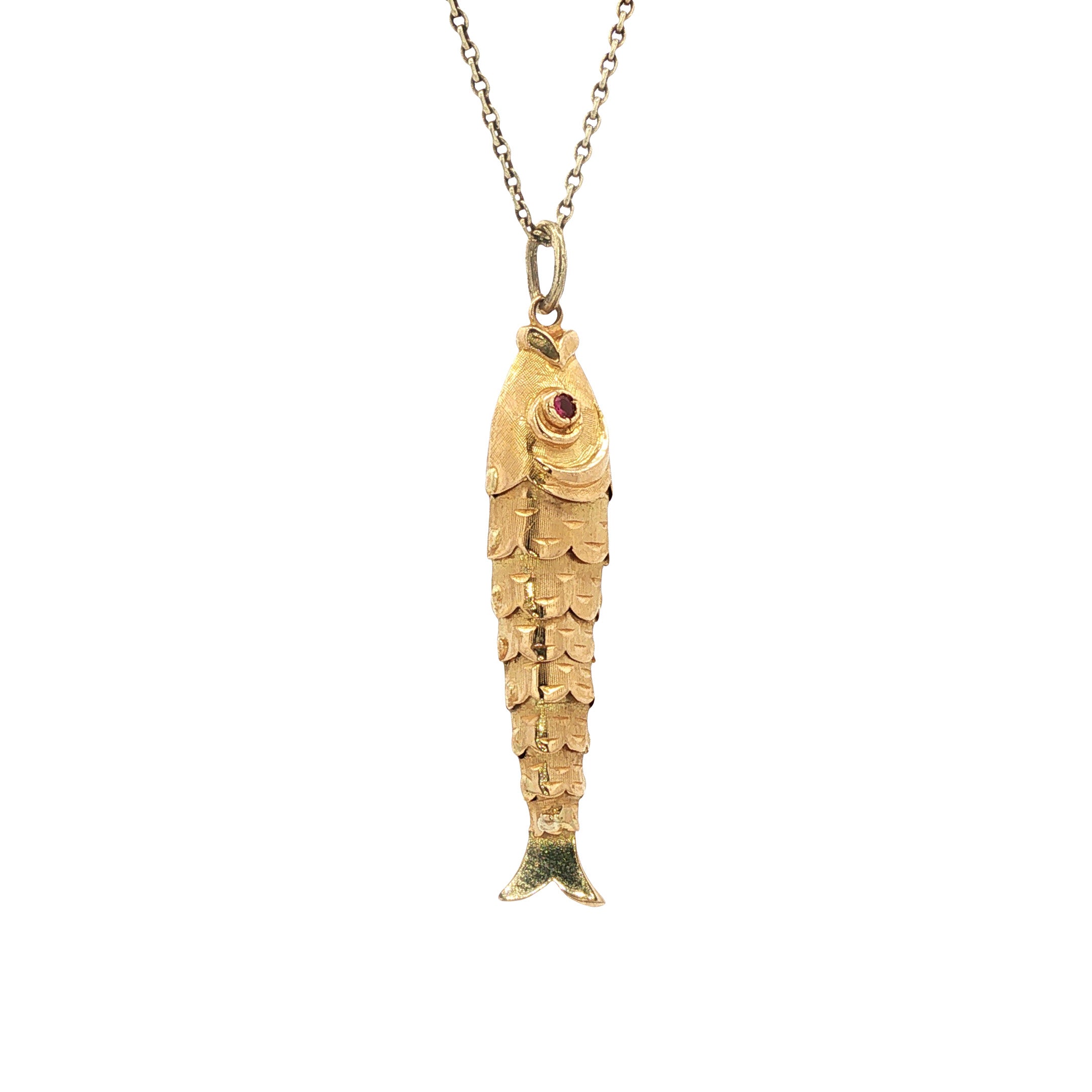Vintage gold fish pendant with ruby, 14 kt