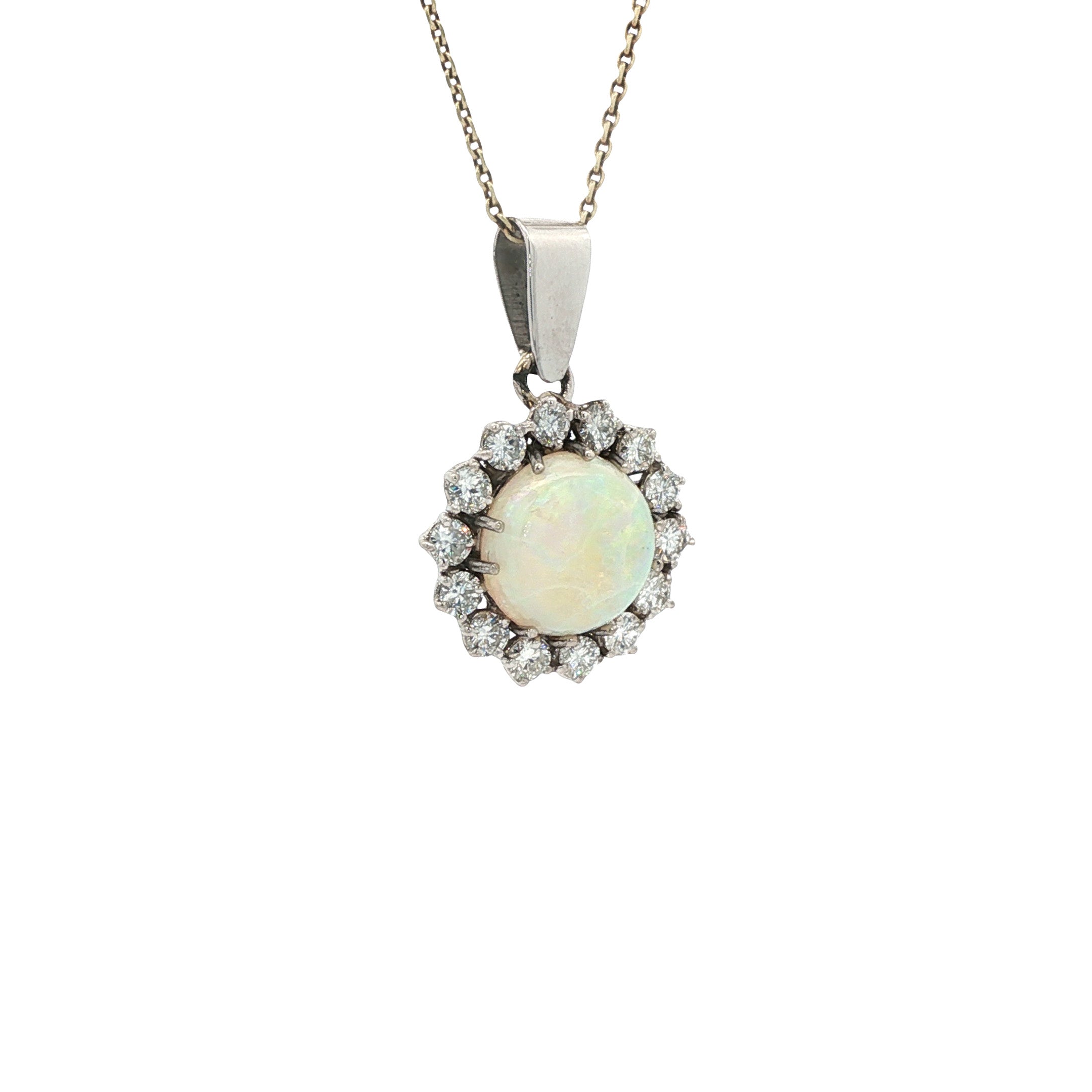 Vintage white gold pendant with opal and diamond, 14 kt