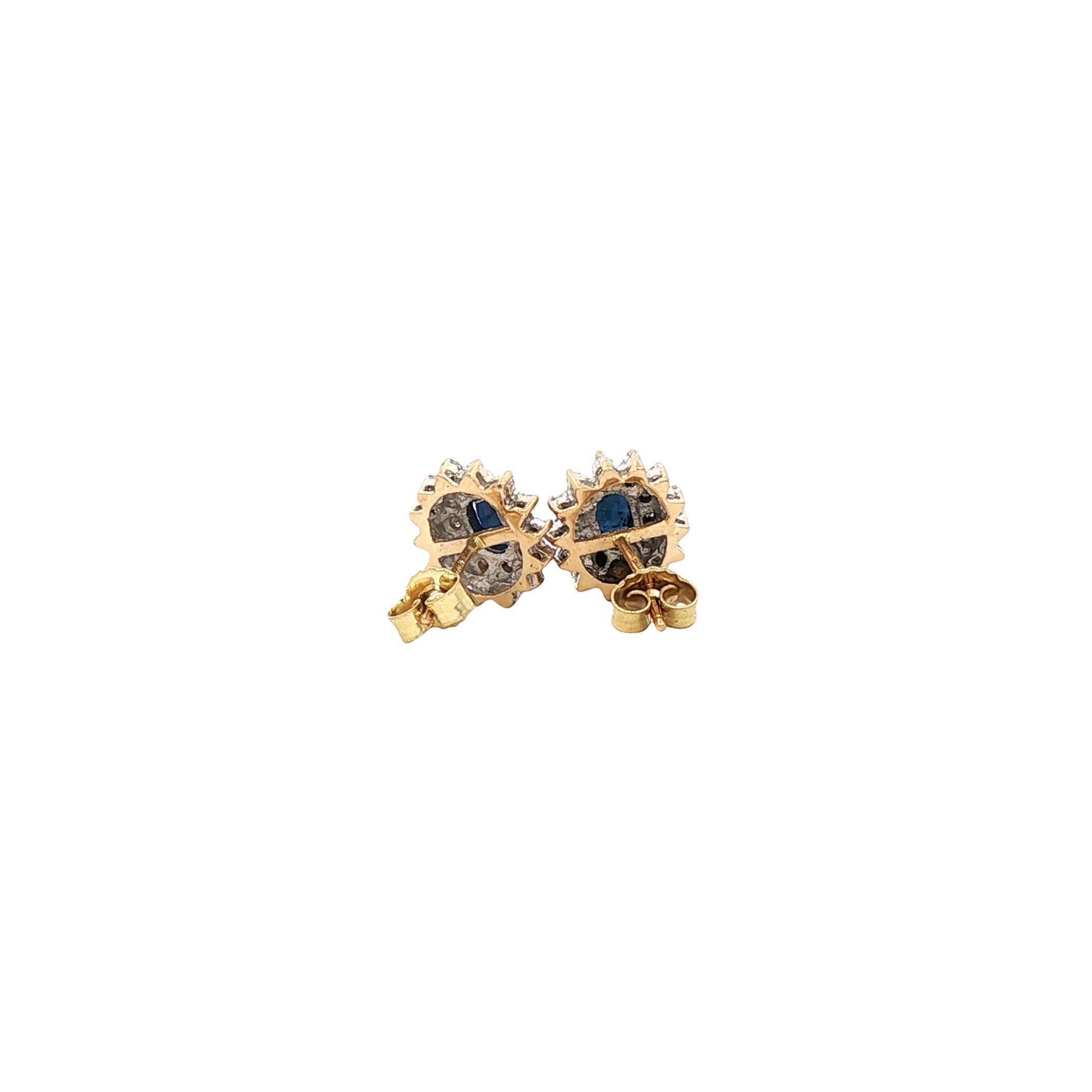Gold stud earrings with sapphire and diamond, 14 kt
