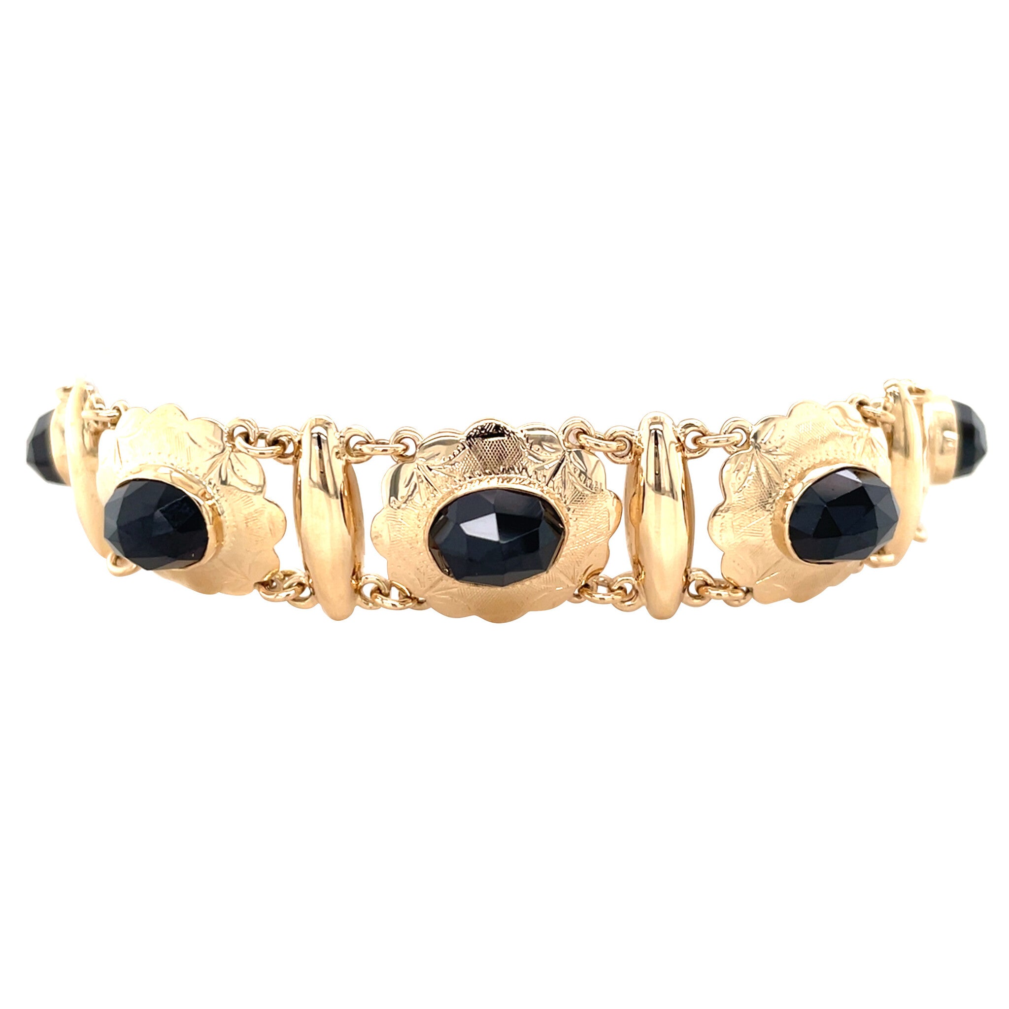 Gouden vintage bootjes armband met granaat 14 kt