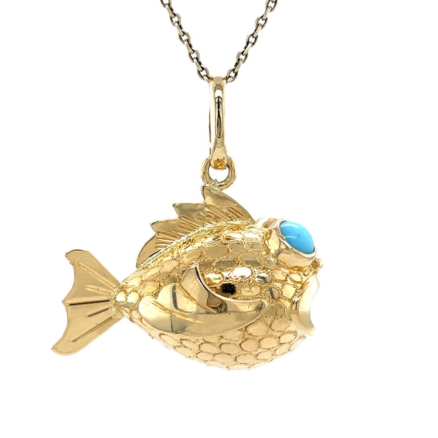 Gold vintage fish pendant with colored stone, 18 kt