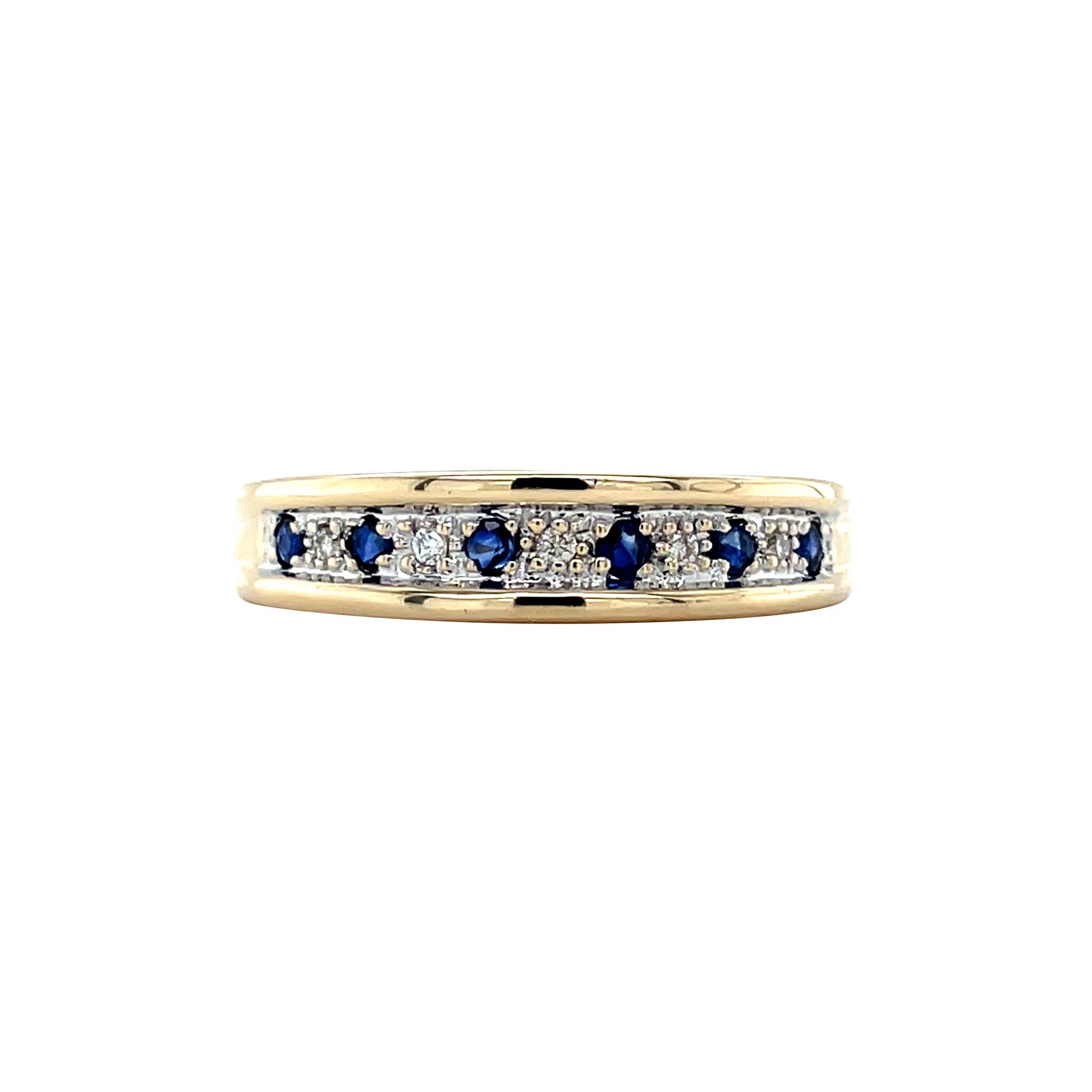 14 kt gold vintage row ring with sapphire and diamond