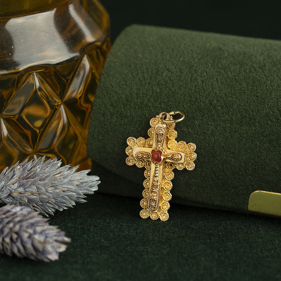 14 kt vintage gold cross pendant with colored gemstone