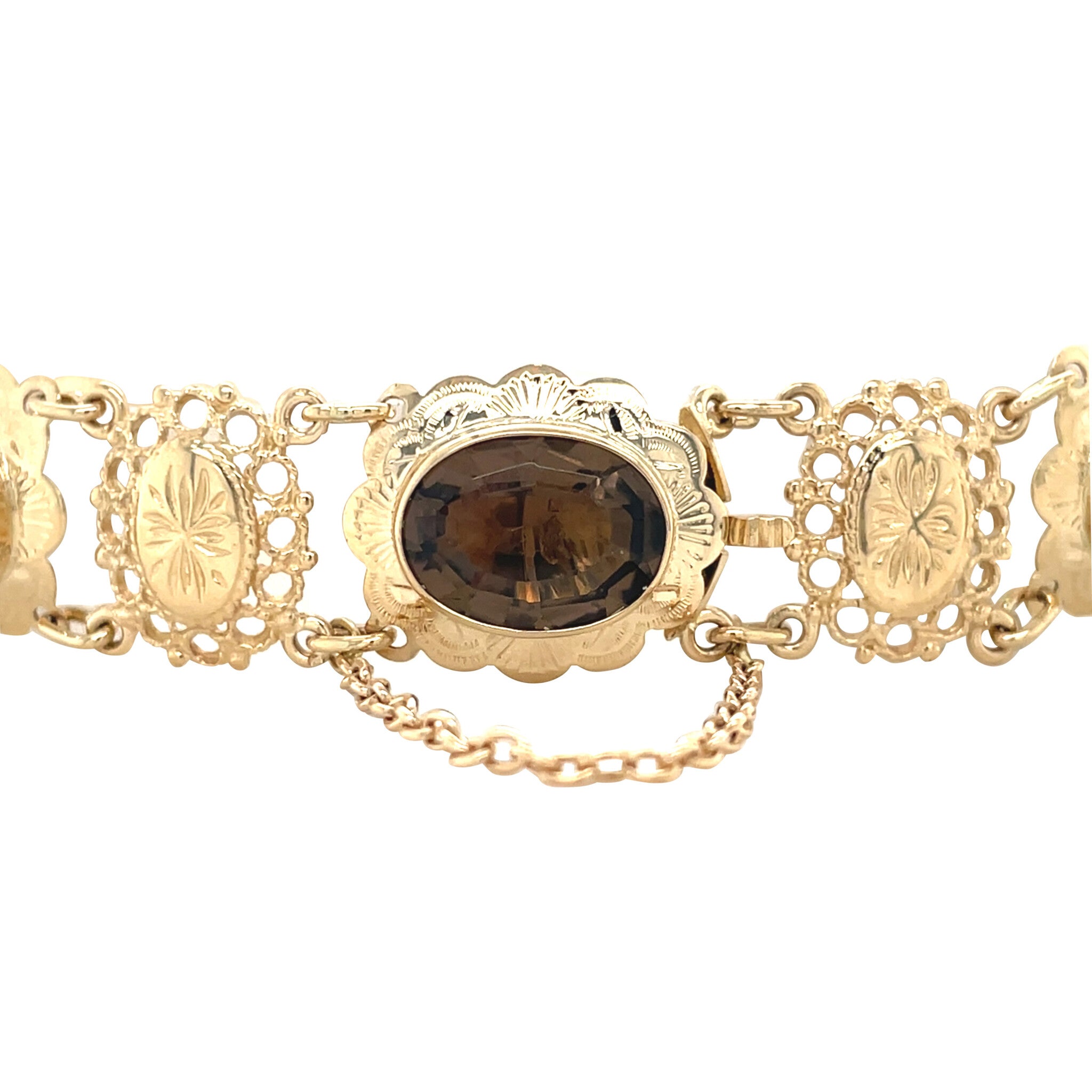 Vintage gold boot charm bracelet with smoky quartz, 14 kt