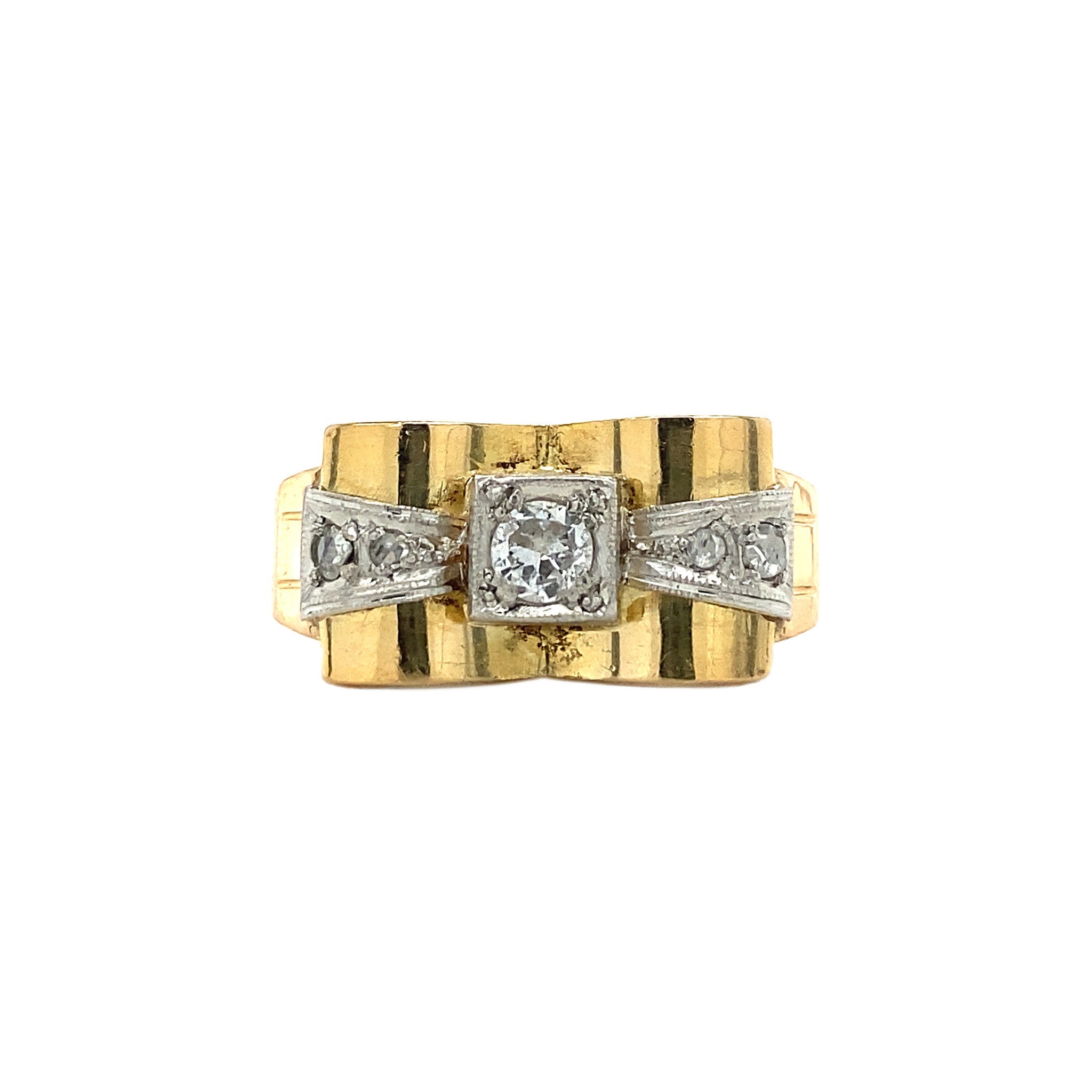Tricolour gold ring with a bow and diamond, 18 kt 950