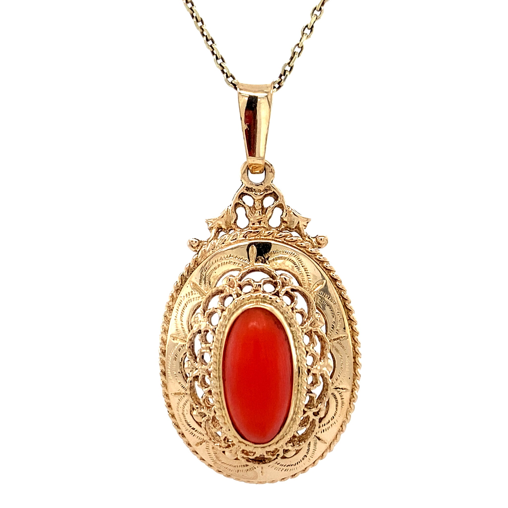Gold vintage pendant with red coral 14 kt