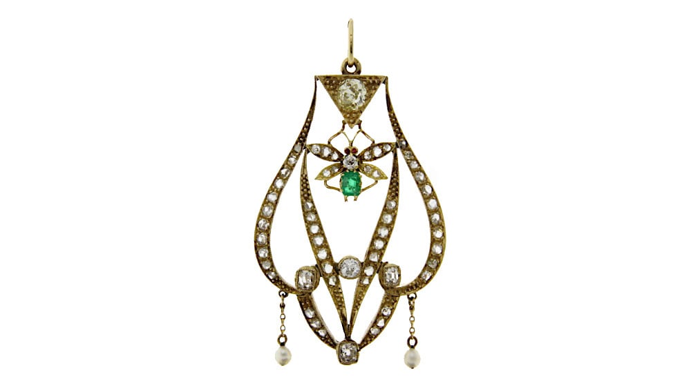 Vintage gouden hanger met diamant en smaragd 14 krt
