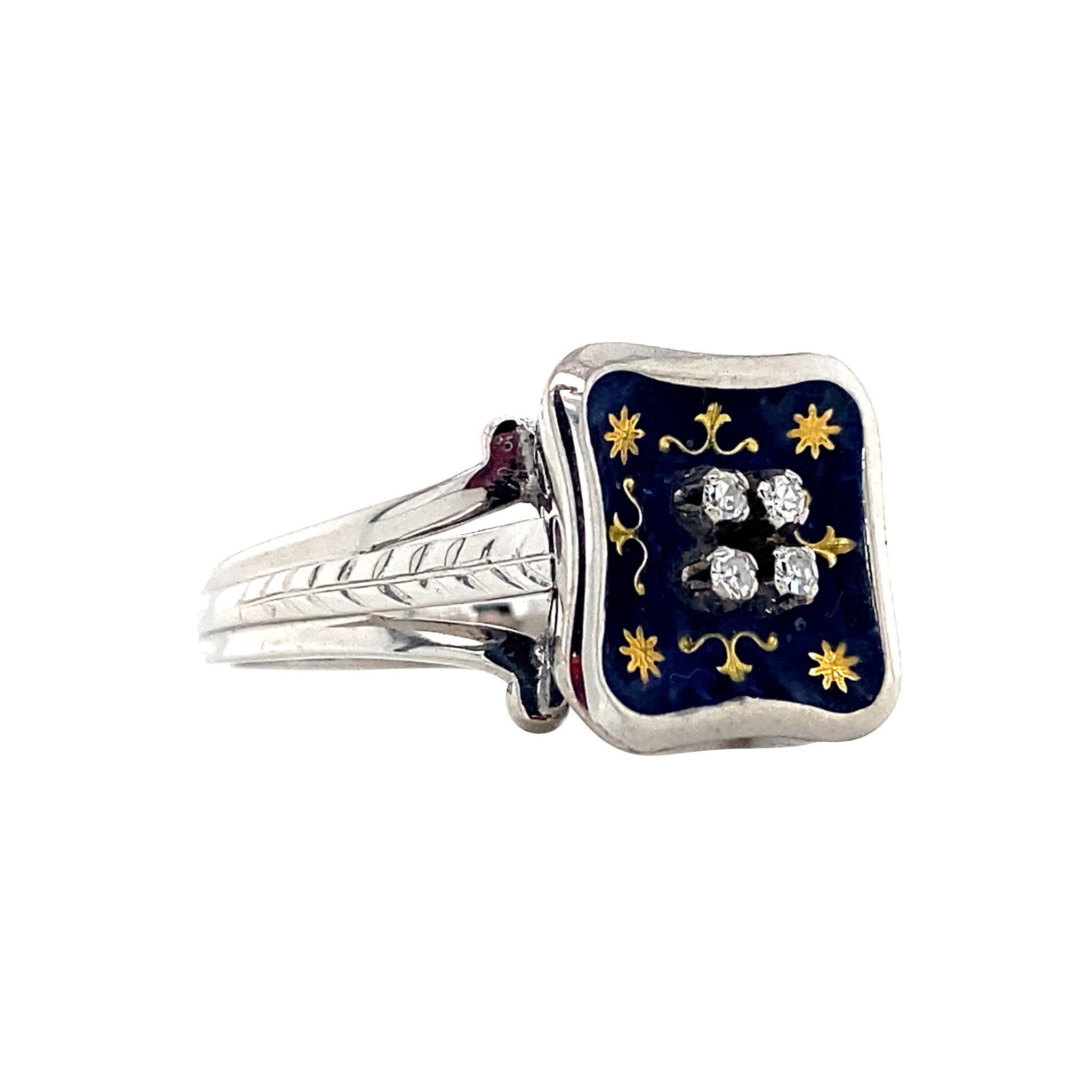 Witgouden ring met emaille en diamant 18 krt