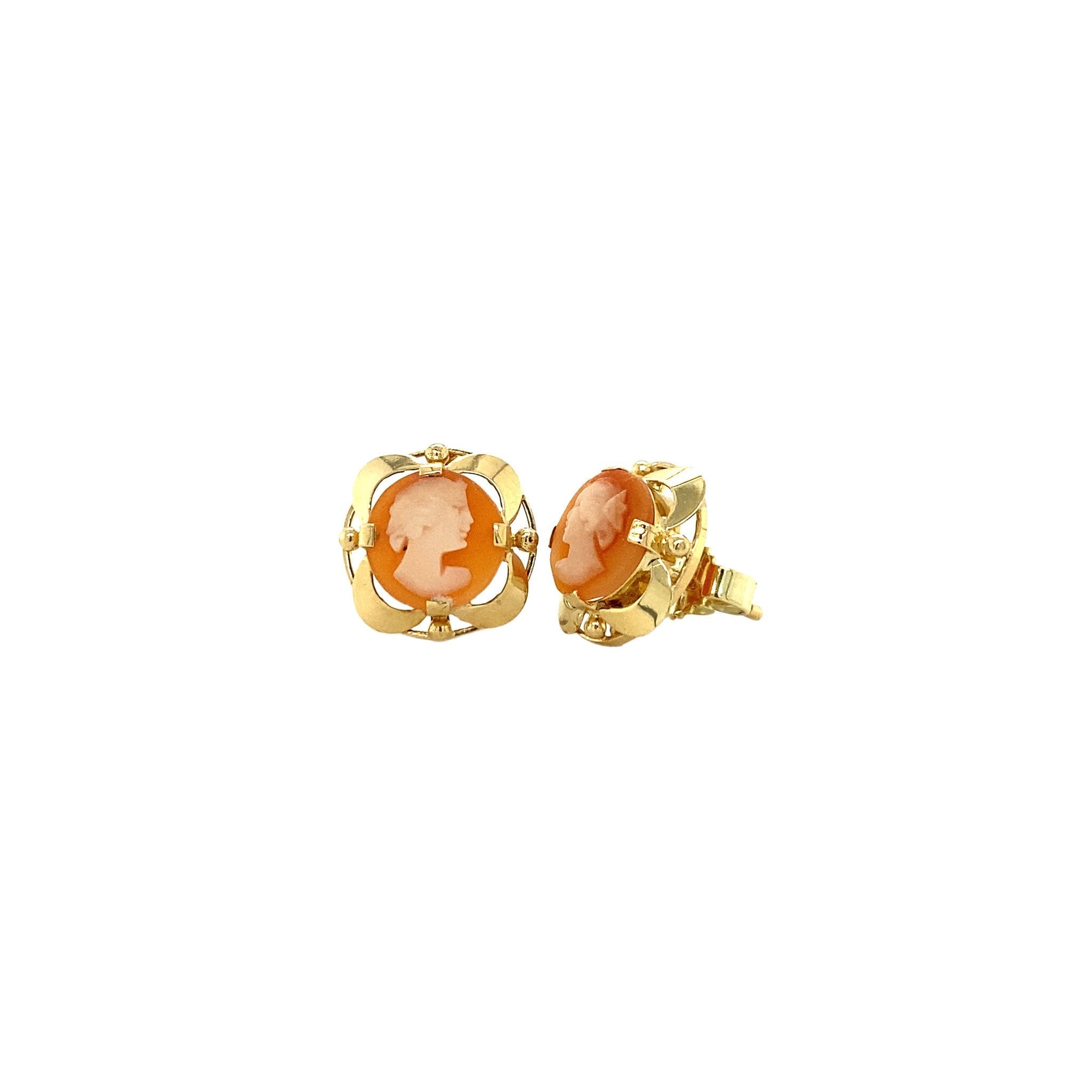 Gold stud earrings with cameo, 14 kt