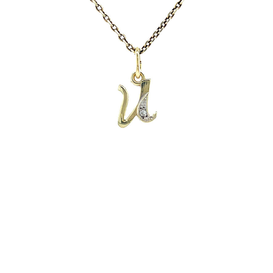 Gouden letter U hanger met diamant 14 krt