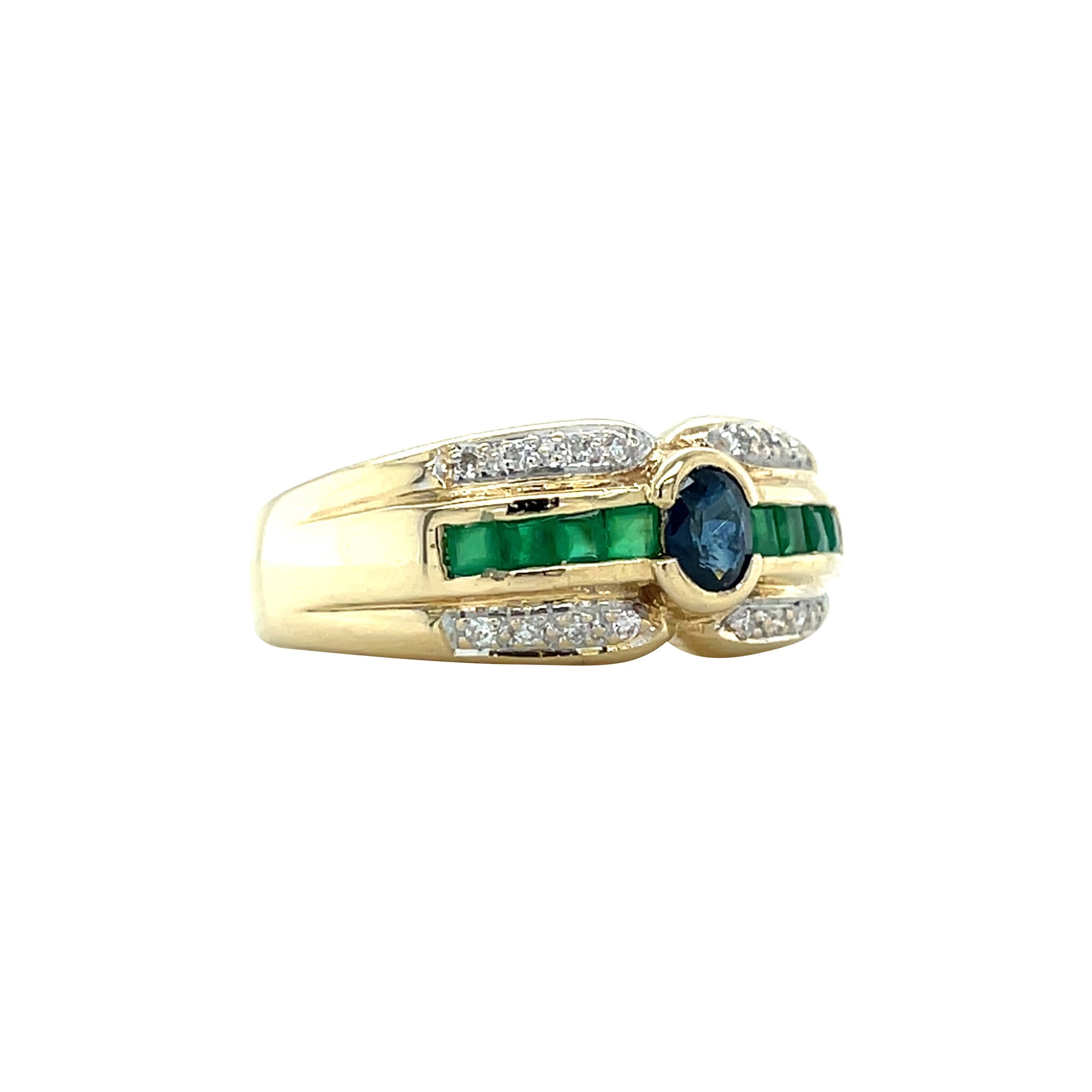 Vintage gold ring with emerald, sapphire and diamond, 14 kt