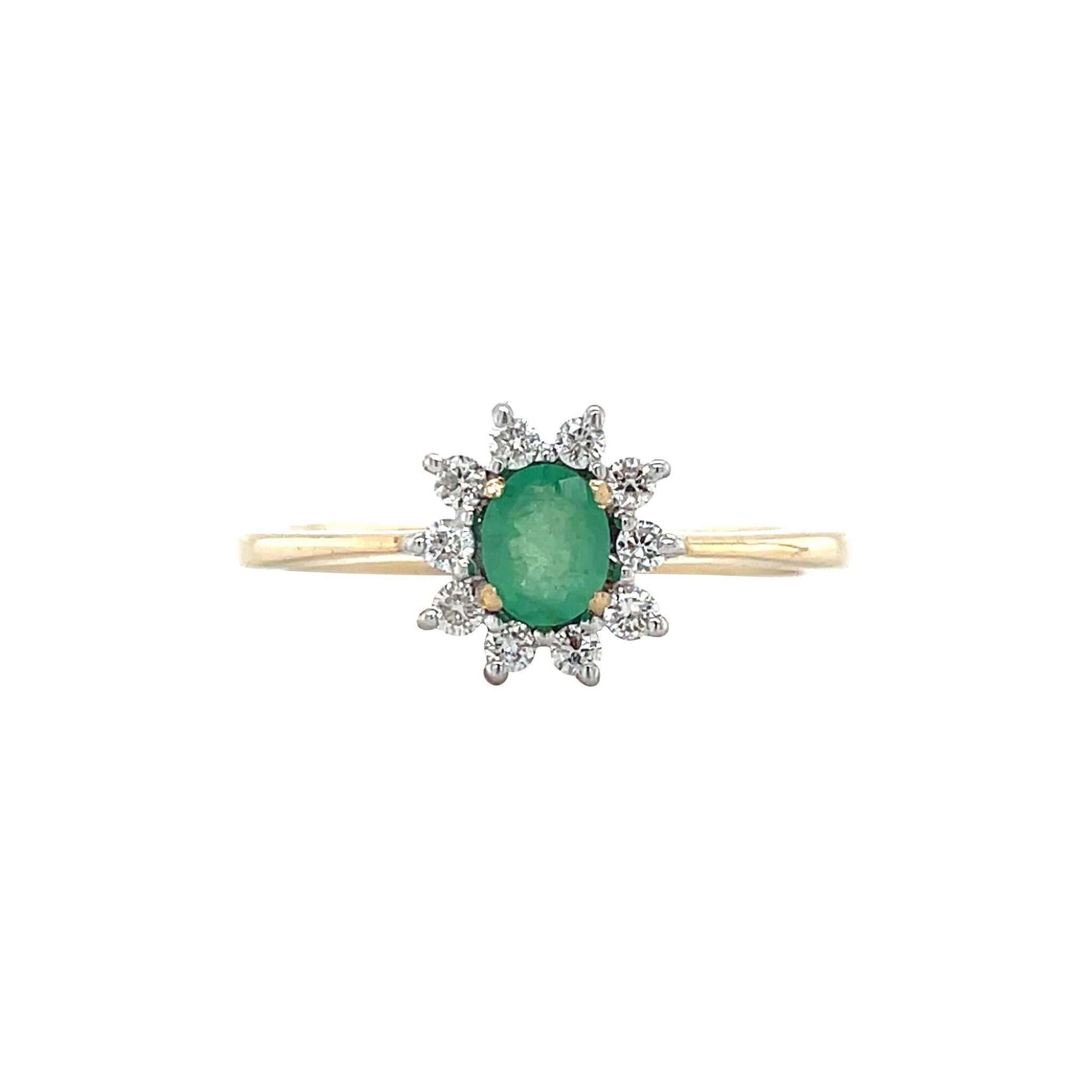 Gold vintage cluster ring with emerald and diamond, 14 kt