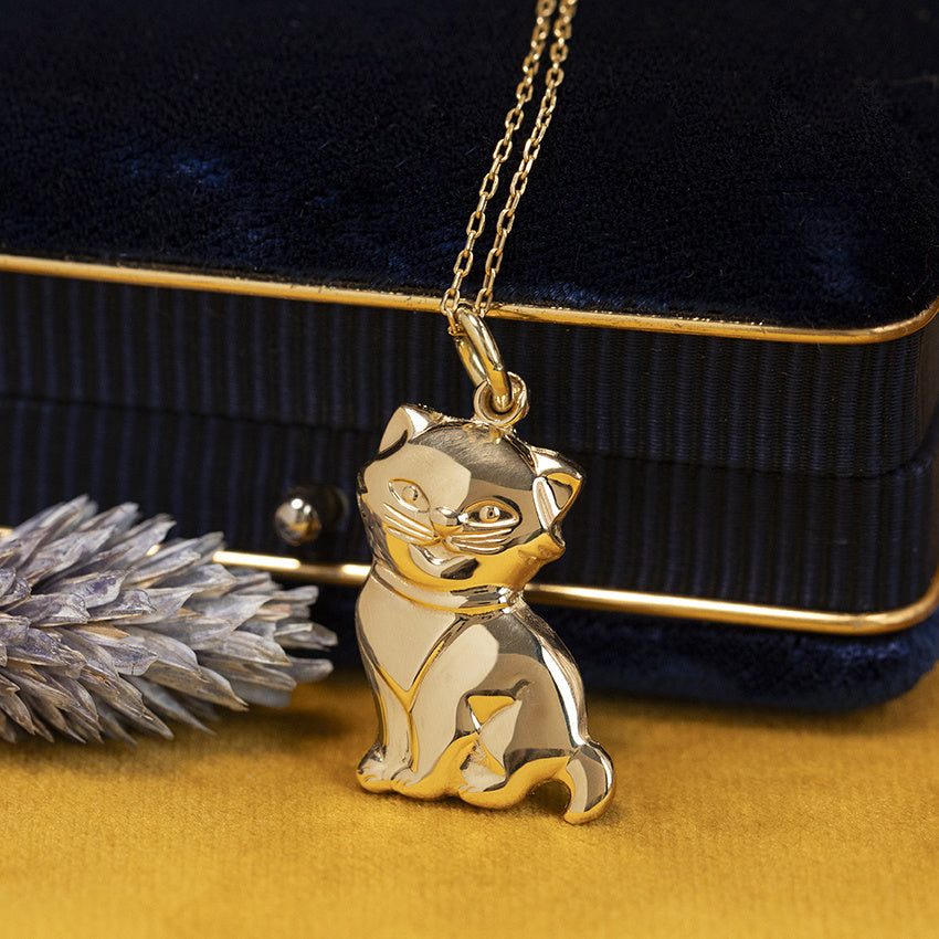 Gouden vintage kat hanger 14 kt