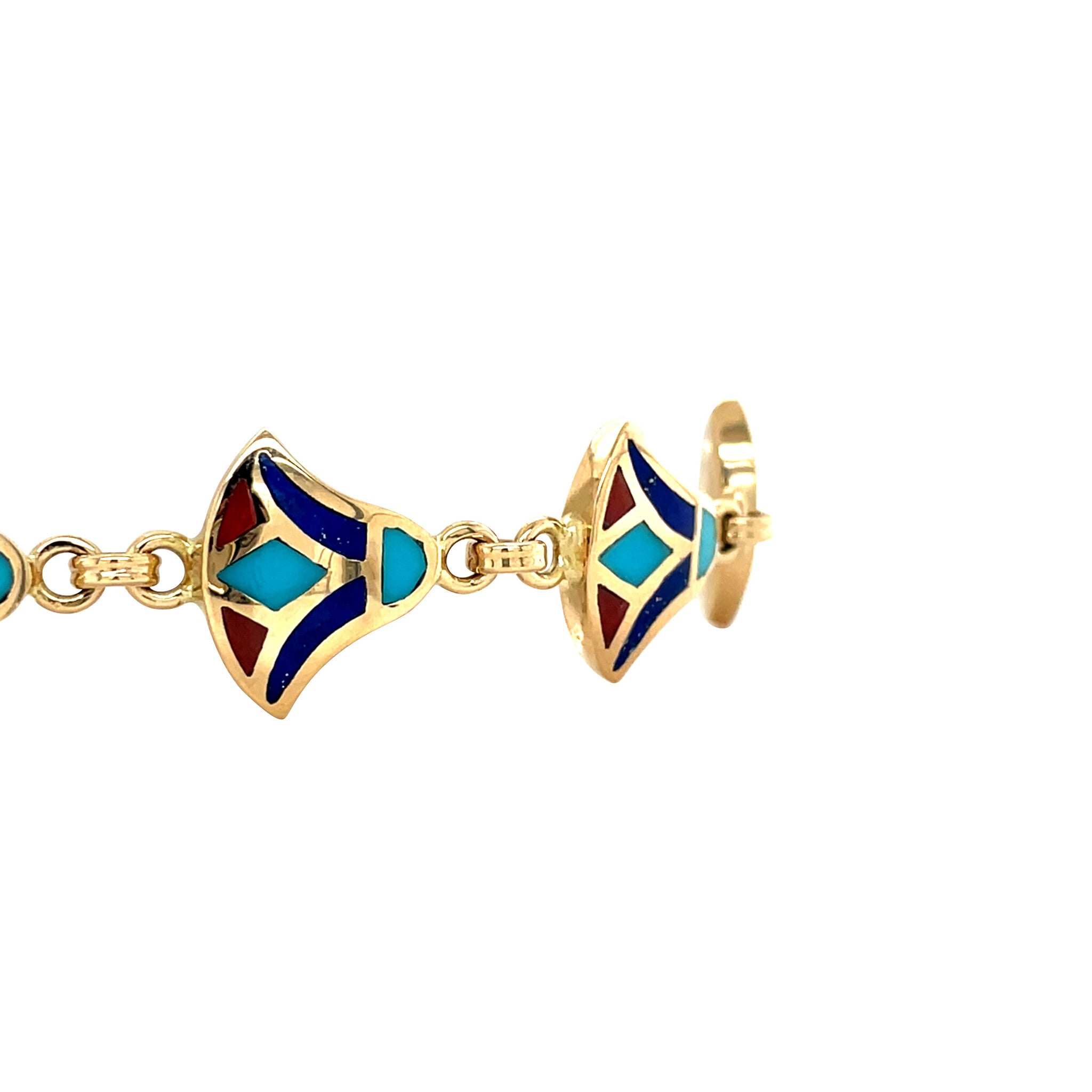 Gouden vintage armband met turkoois, bloedkoraal en lapis lazuli 18 kt