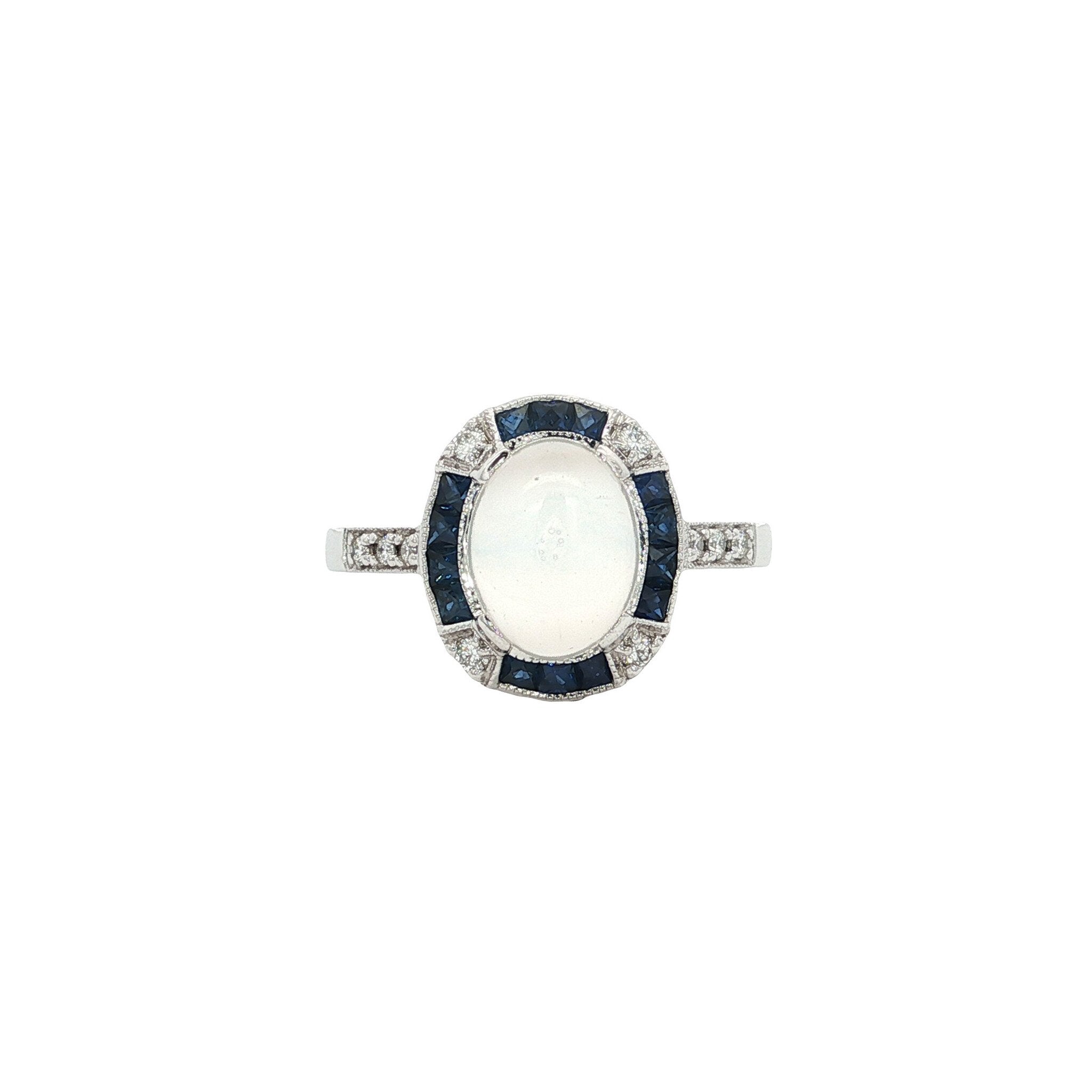 Gouden ring met maansteen, saffier en diamant 14 kt