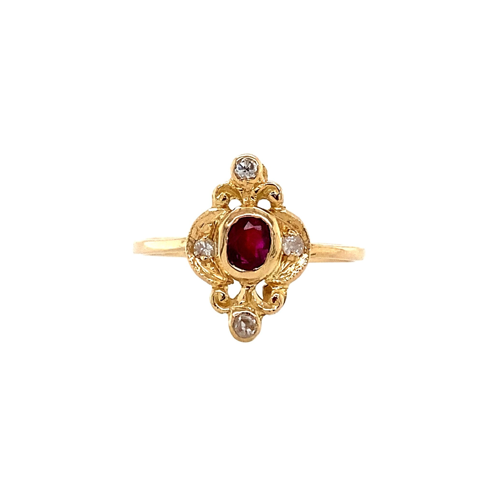 Vintage gold ring with ruby and diamond, 18 kt