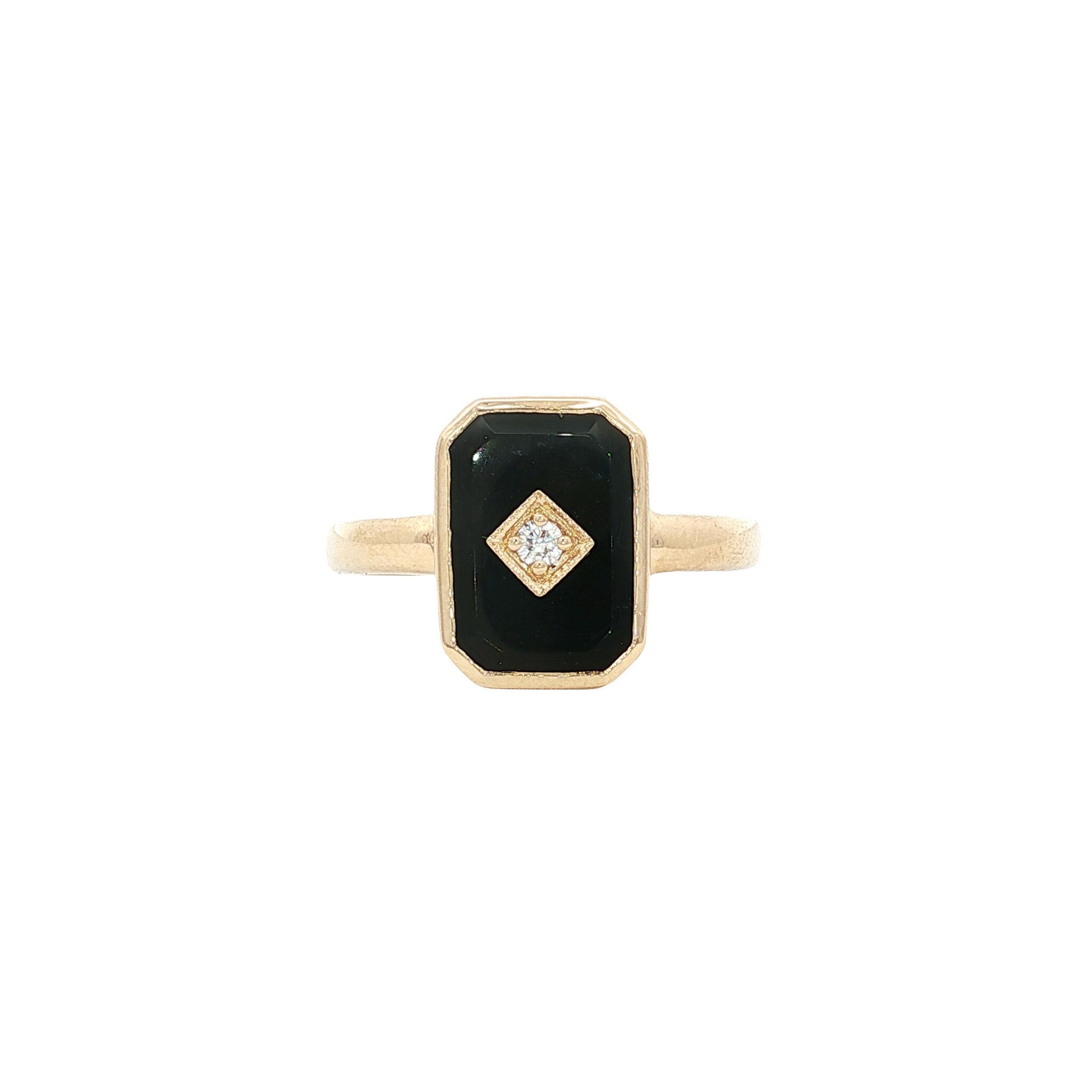 Gouden ring met diamant en onyx 14 kt