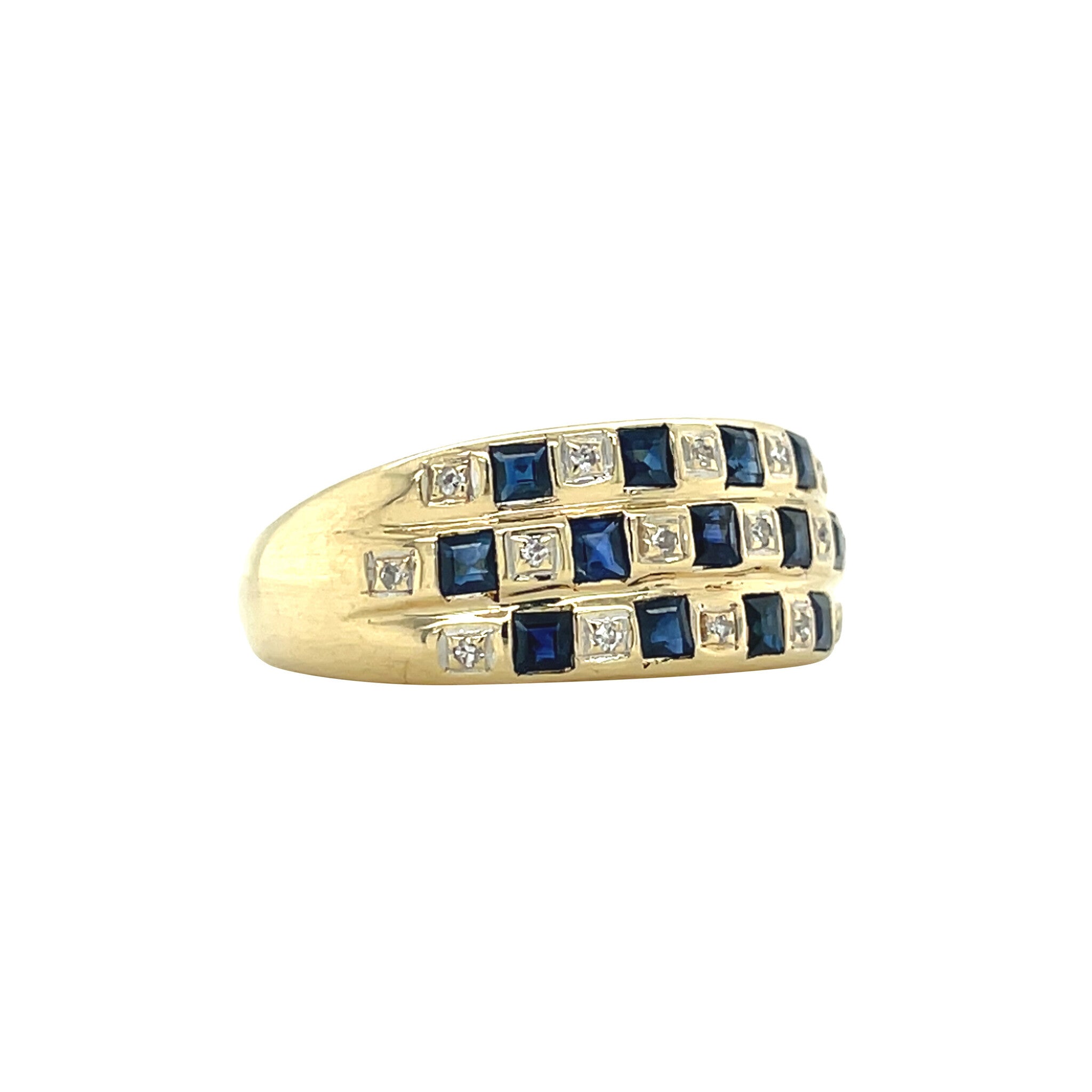 Vintage gold row ring with sapphire and diamond, 14 kt