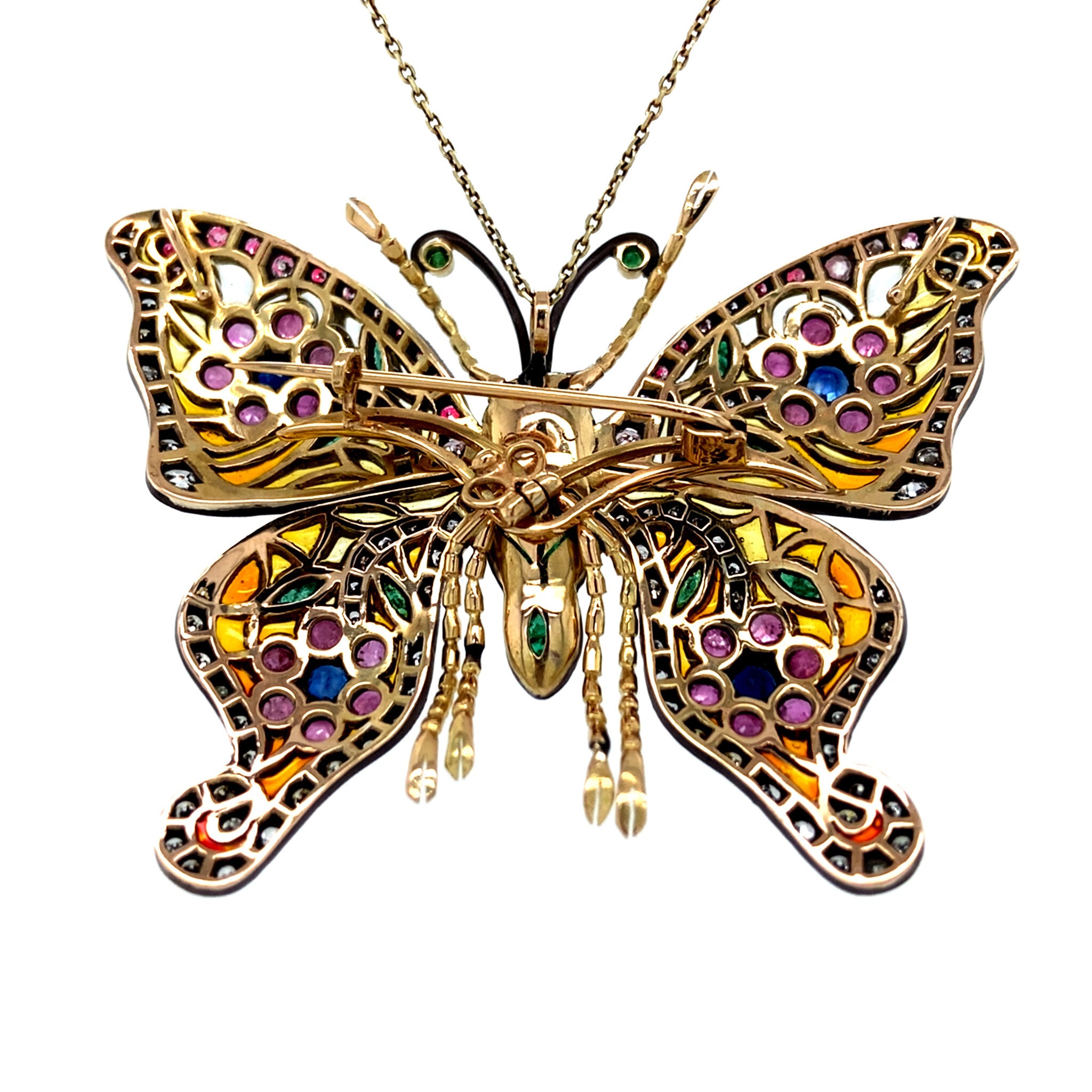 Vintage gold butterfly pendant with sapphire, emerald, ruby, enamel and diamond 14 kt/925