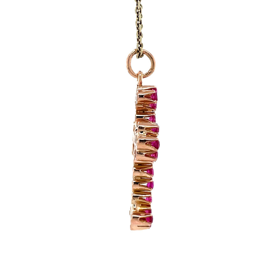 Roségouden vintage kruis hanger met robijn 18 krt