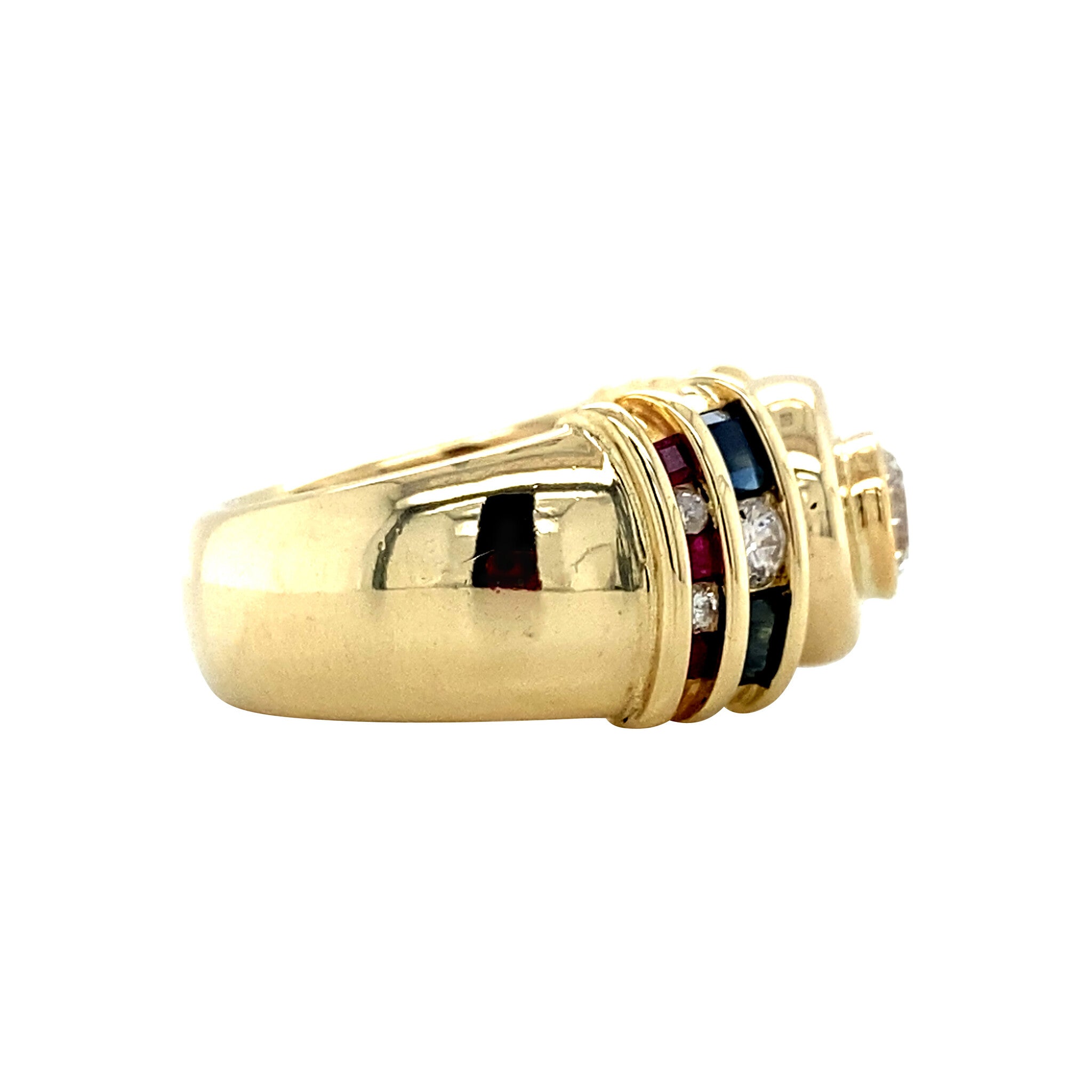 Gold vintage ring with sapphire, ruby and diamond 14 kt