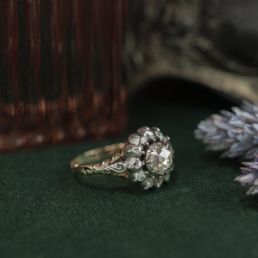 Gouden vintage entourage ring met roosdiamant 14 kt/925