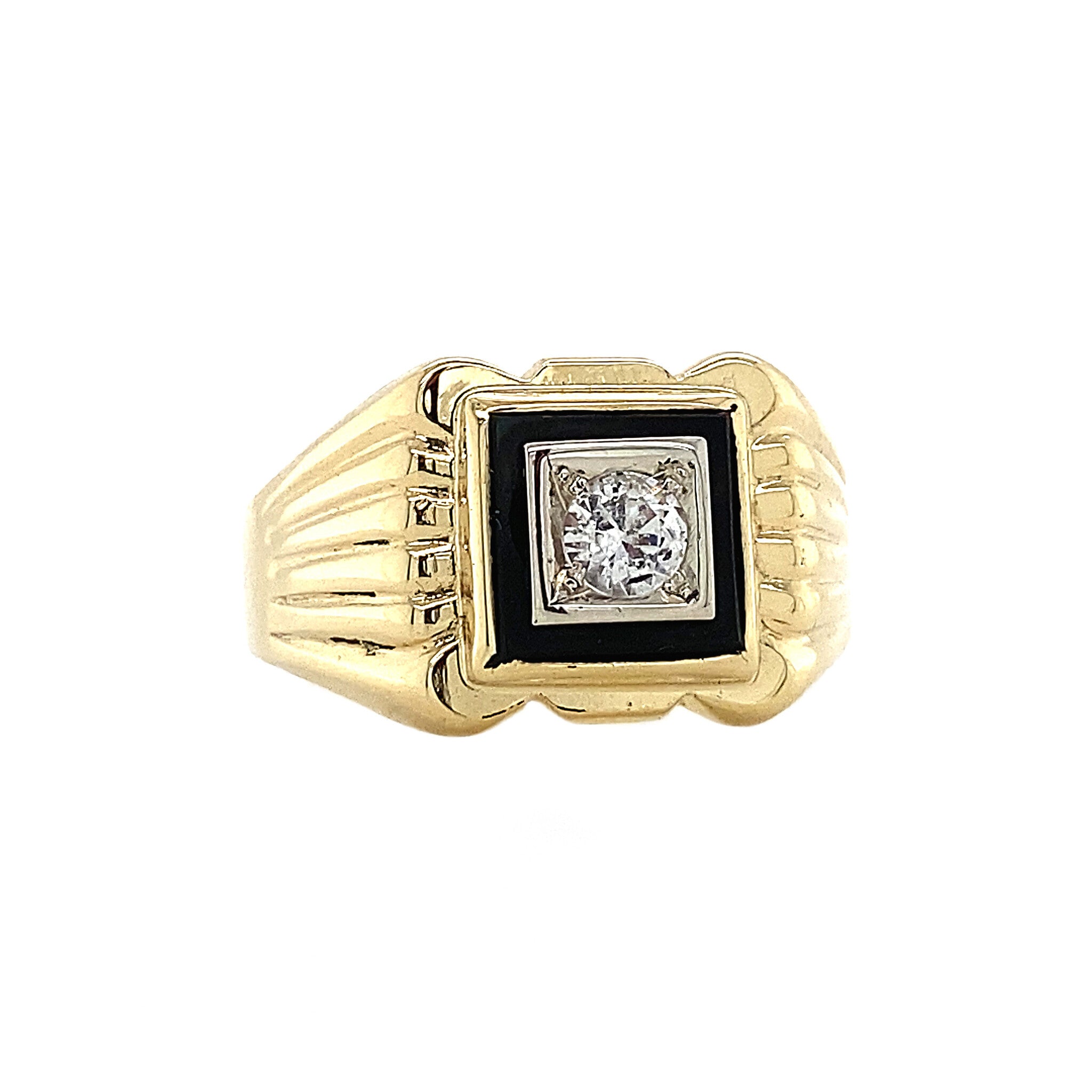 Gold ring with zirconia and onyx, 14 kt