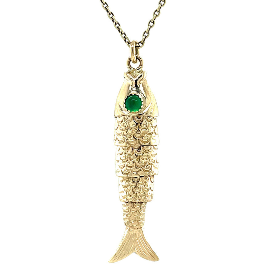 14 kt gold vintage fish pendant with colored stone