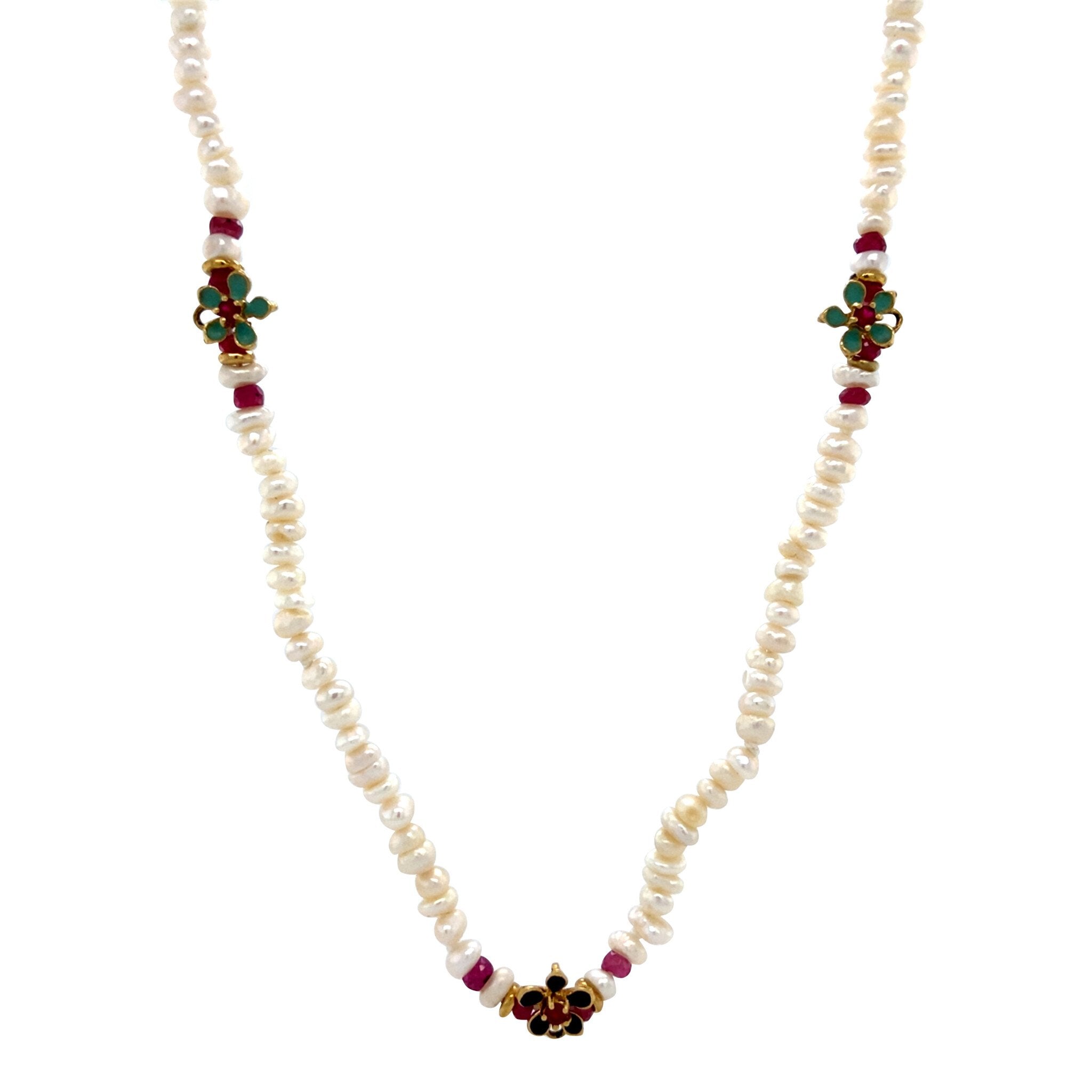 Vintage parel collier met robijn en emaille 14 krt