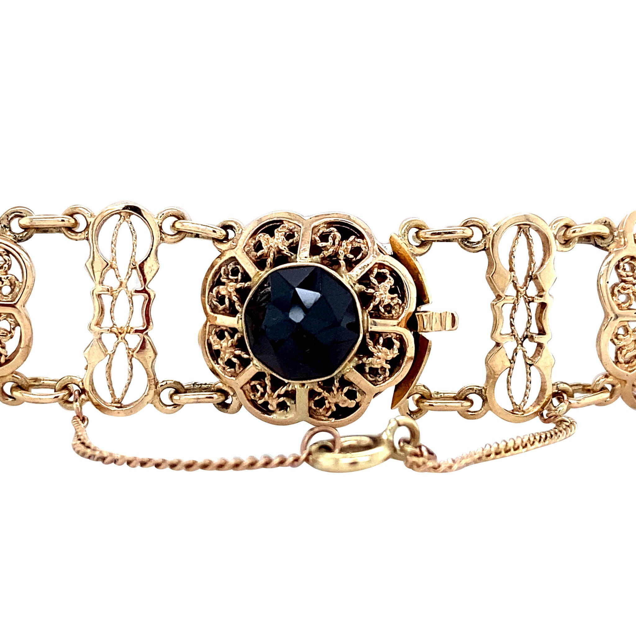 Gouden vintage bootjes armband met granaat 14 krt